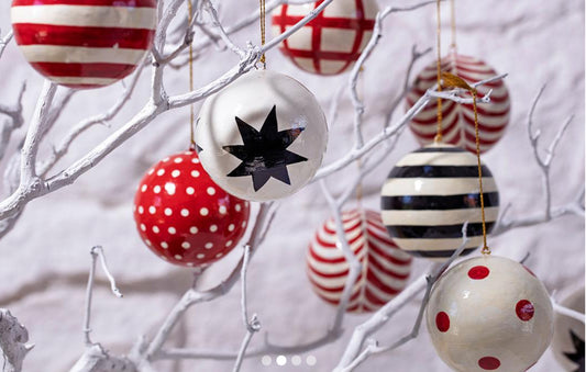 Patterned paper mache bauble decorations