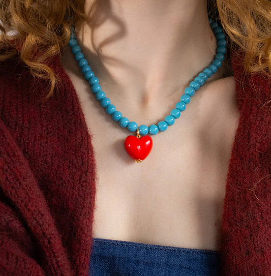 Turquoise bead and red heart necklace