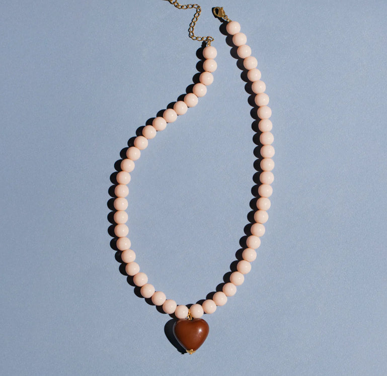 Cream bead and brown heart necklace