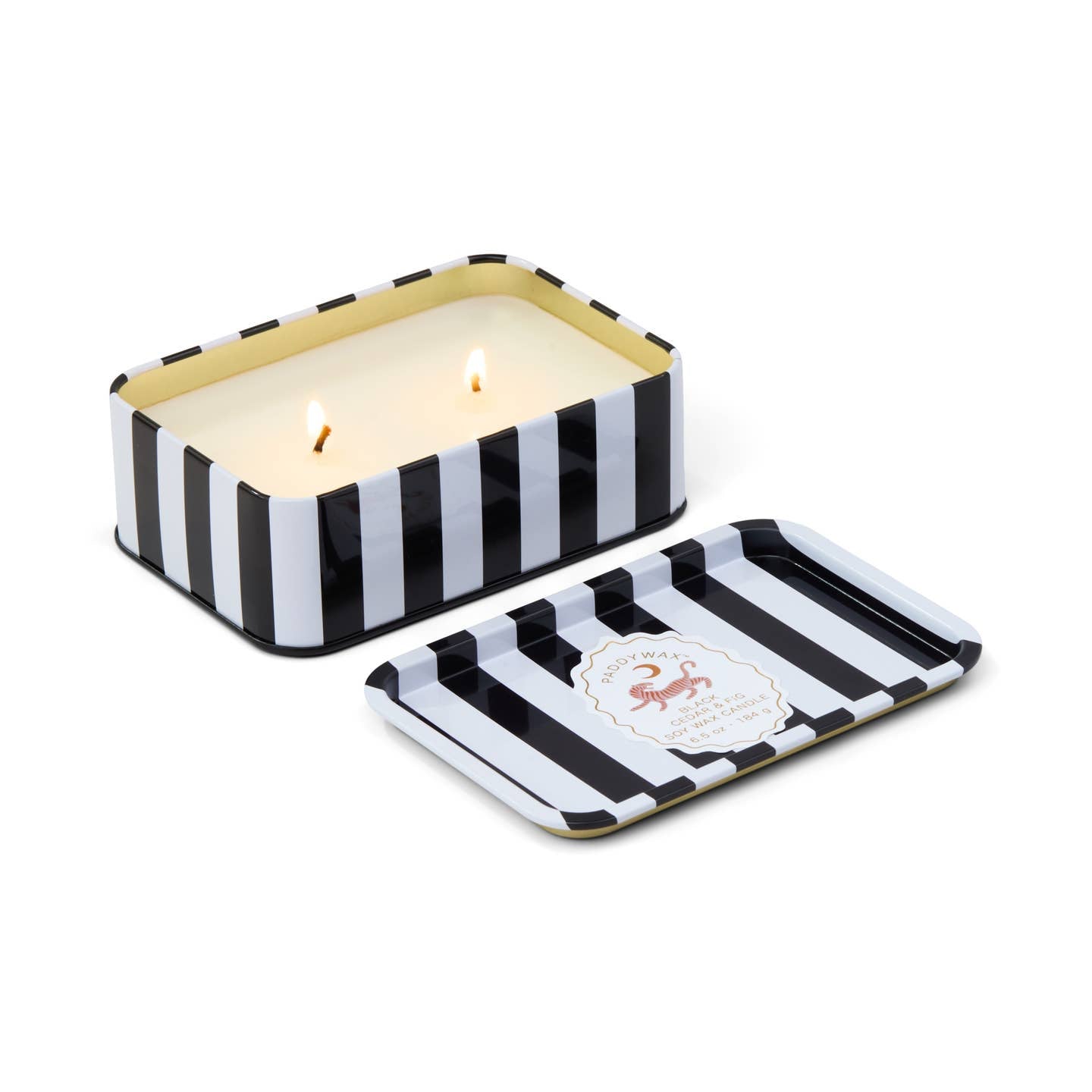 Stripy candle in a tin