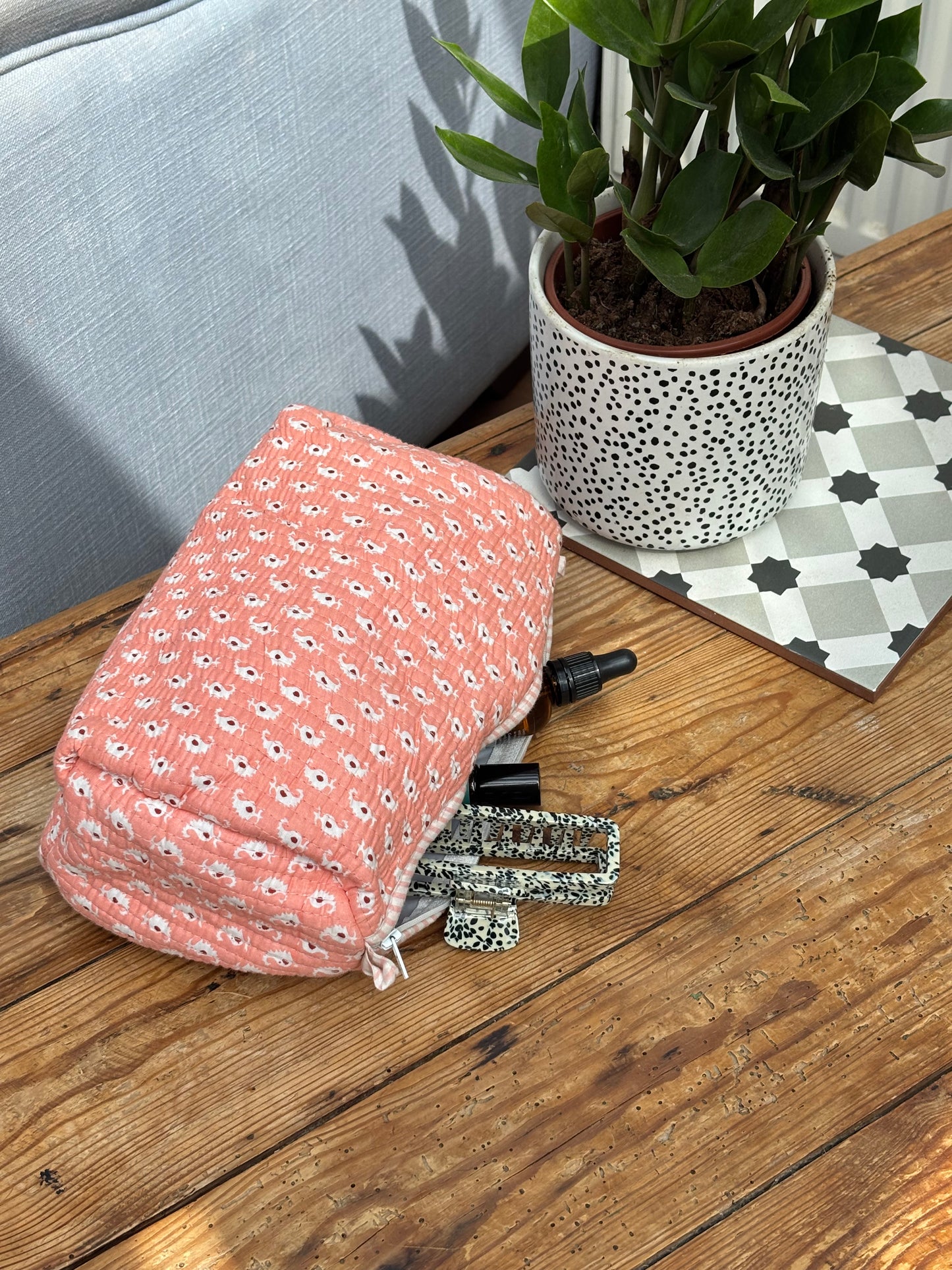 Indian cotton washbag - coral with white paisley