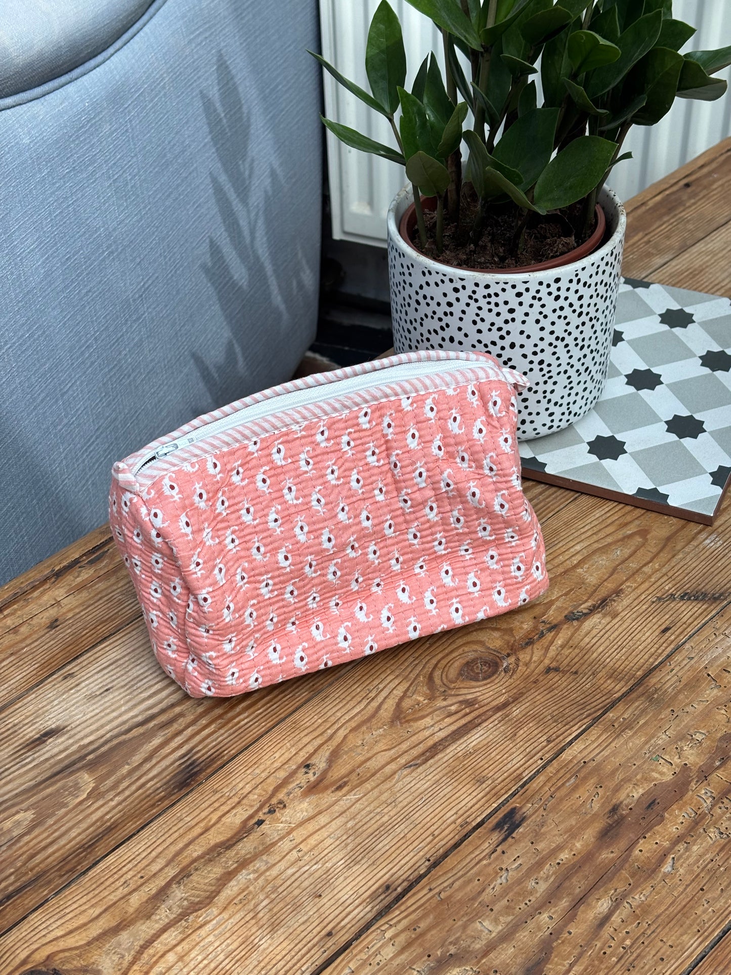 Indian cotton washbag - coral with white paisley
