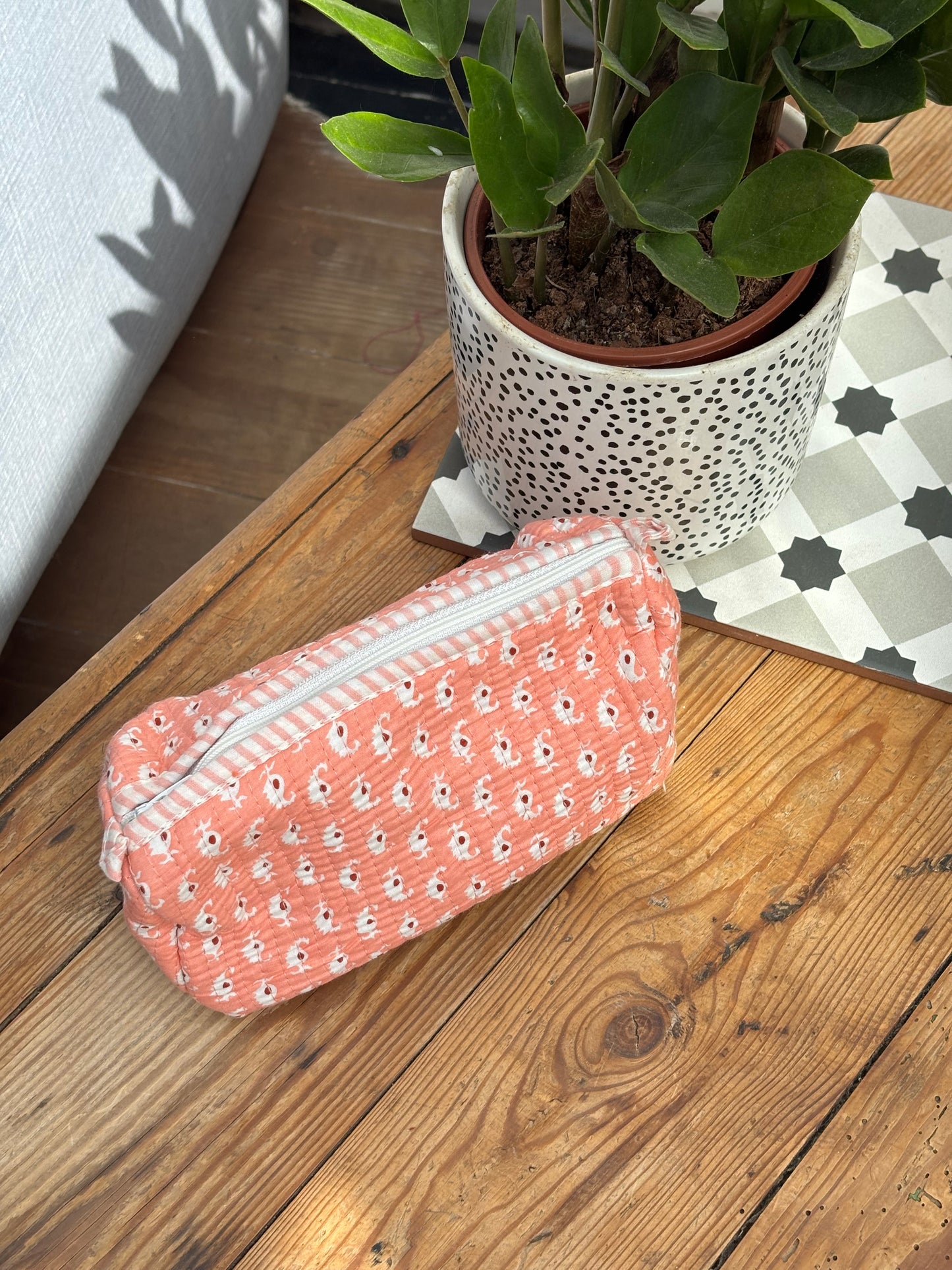 Indian cotton washbag - coral with white paisley