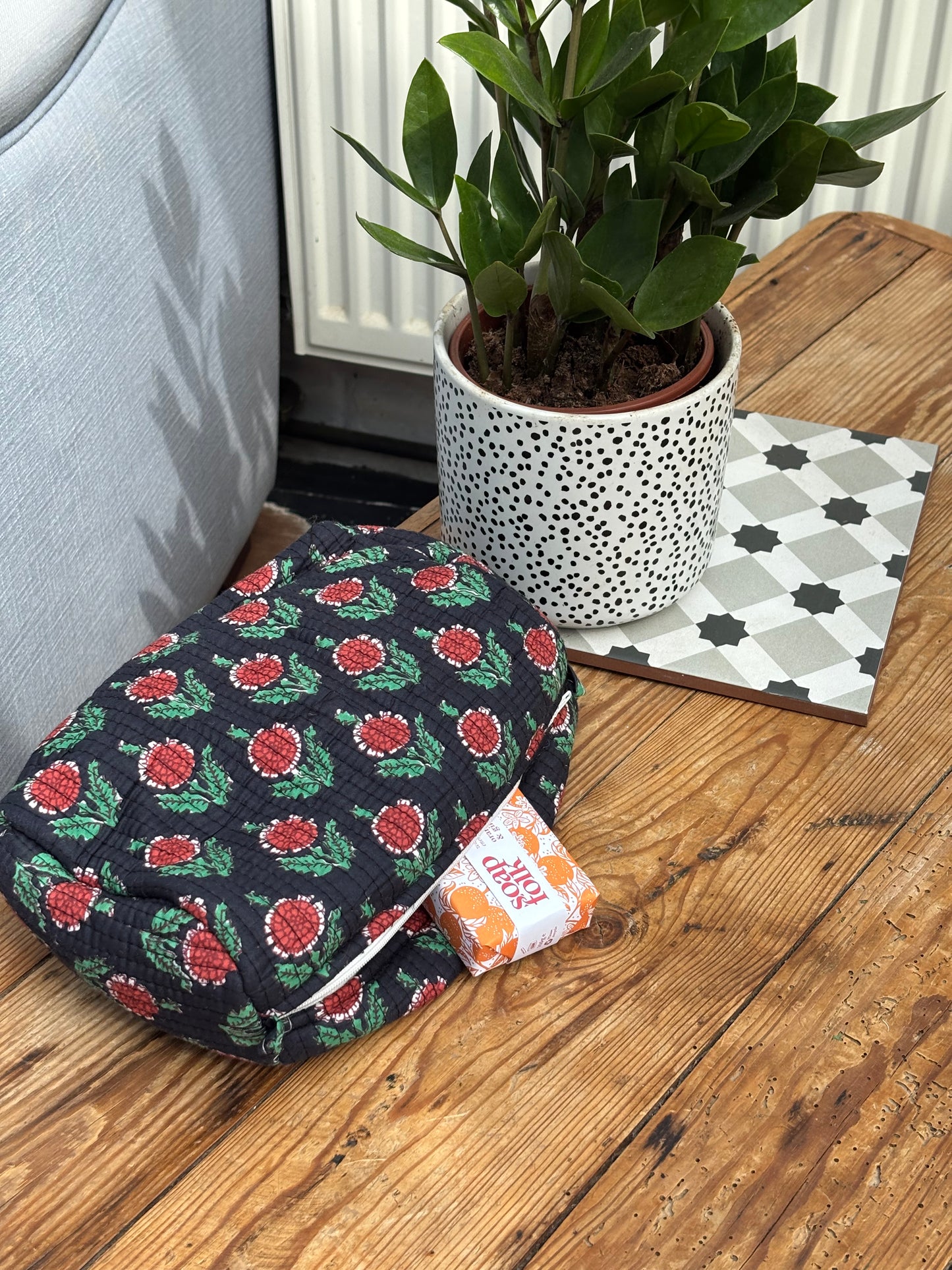 Indian cotton washbag - navy with terracotta flowers