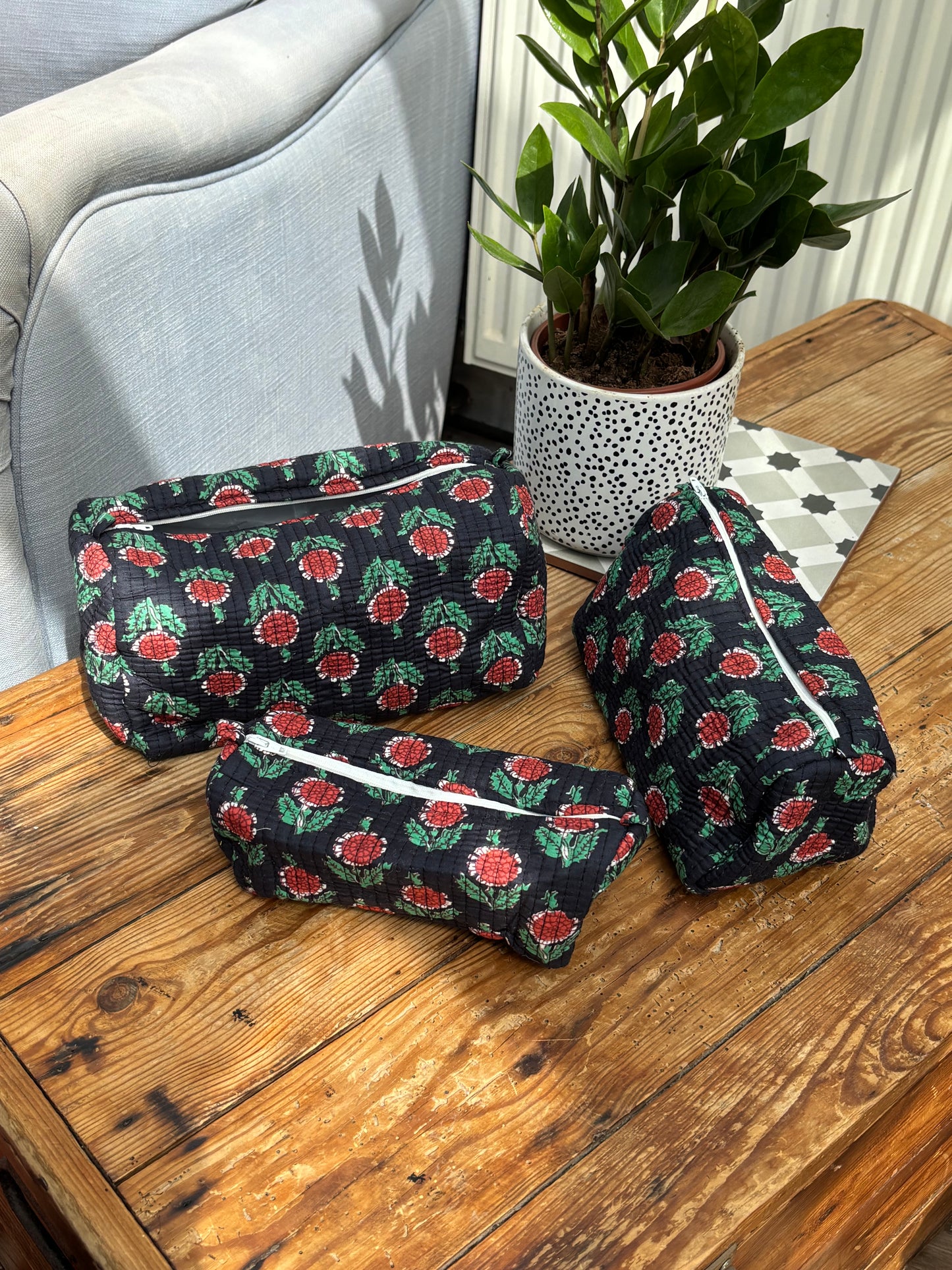 Indian cotton washbag - navy with terracotta flowers