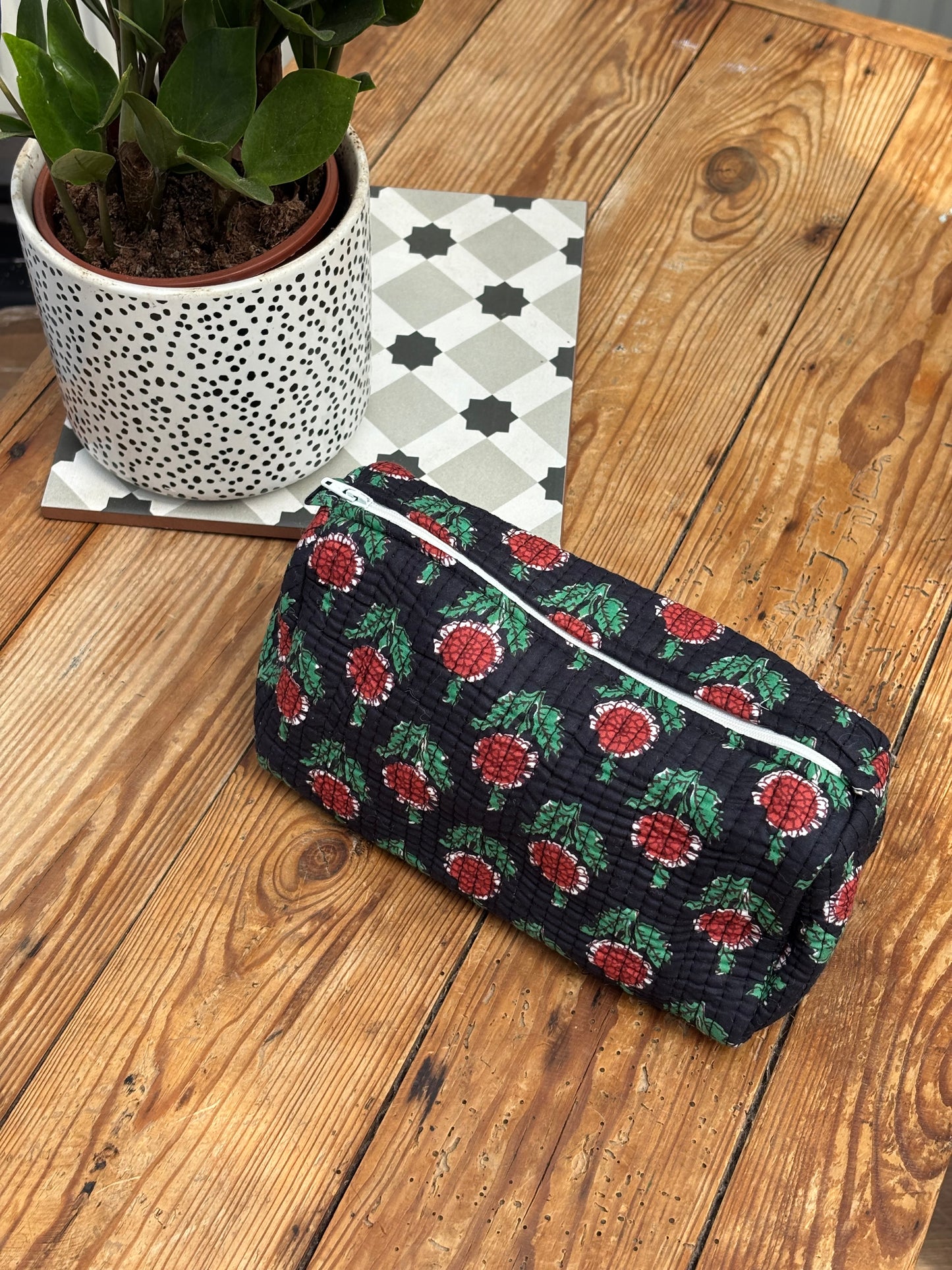 Indian cotton washbag - navy with terracotta flowers