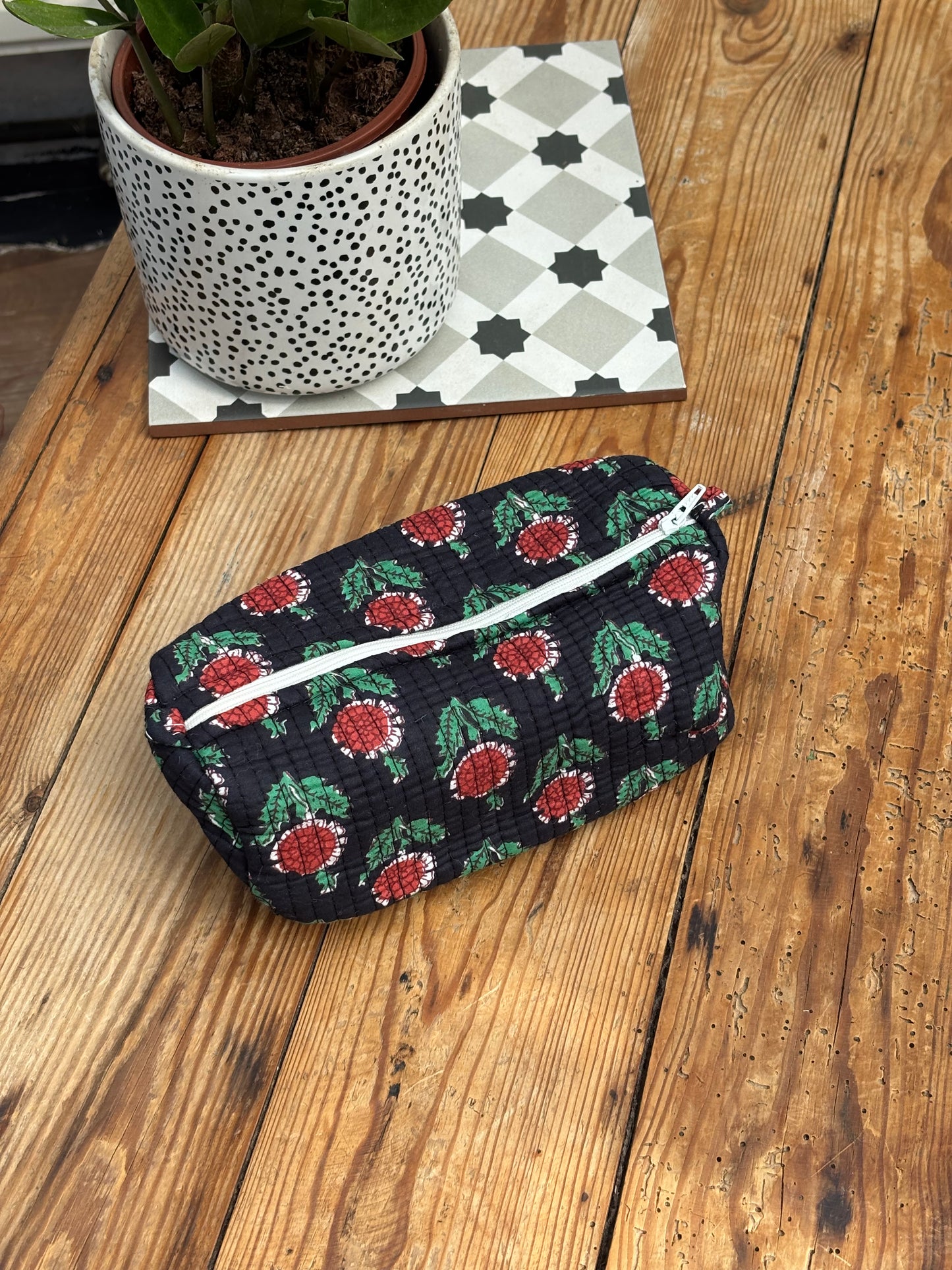 Indian cotton washbag - navy with terracotta flowers