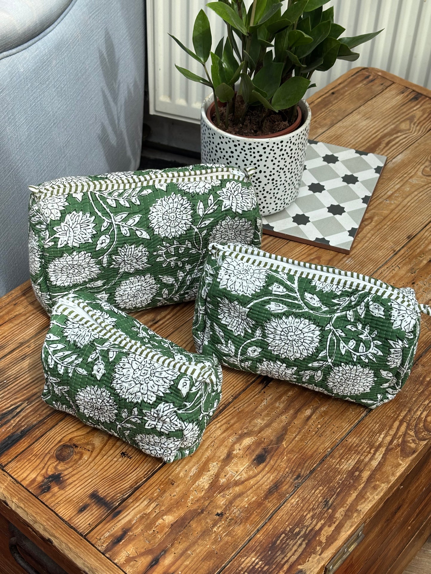 Indian cotton washbag - green with white flowers