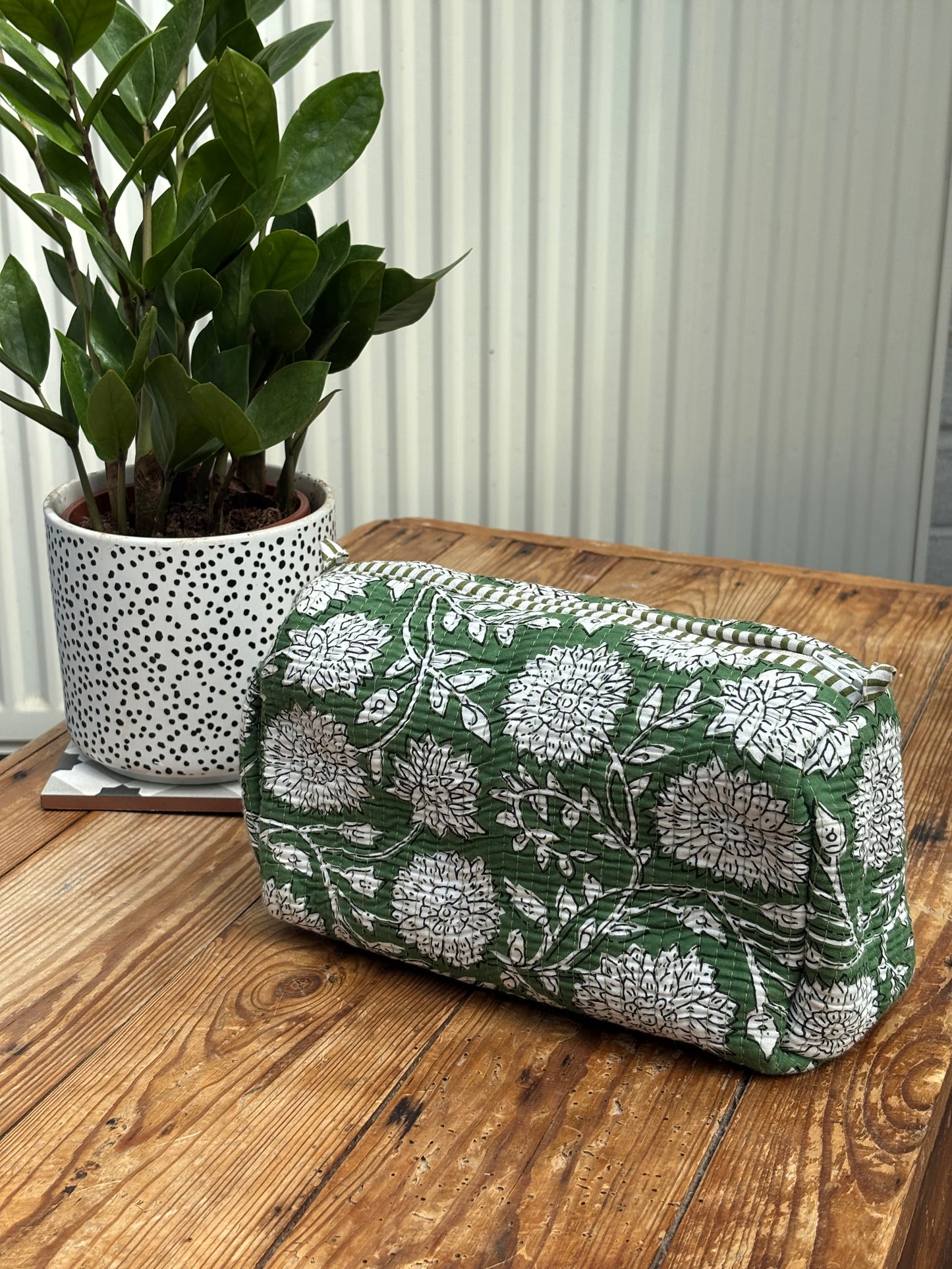 Indian cotton washbag - green with white flowers