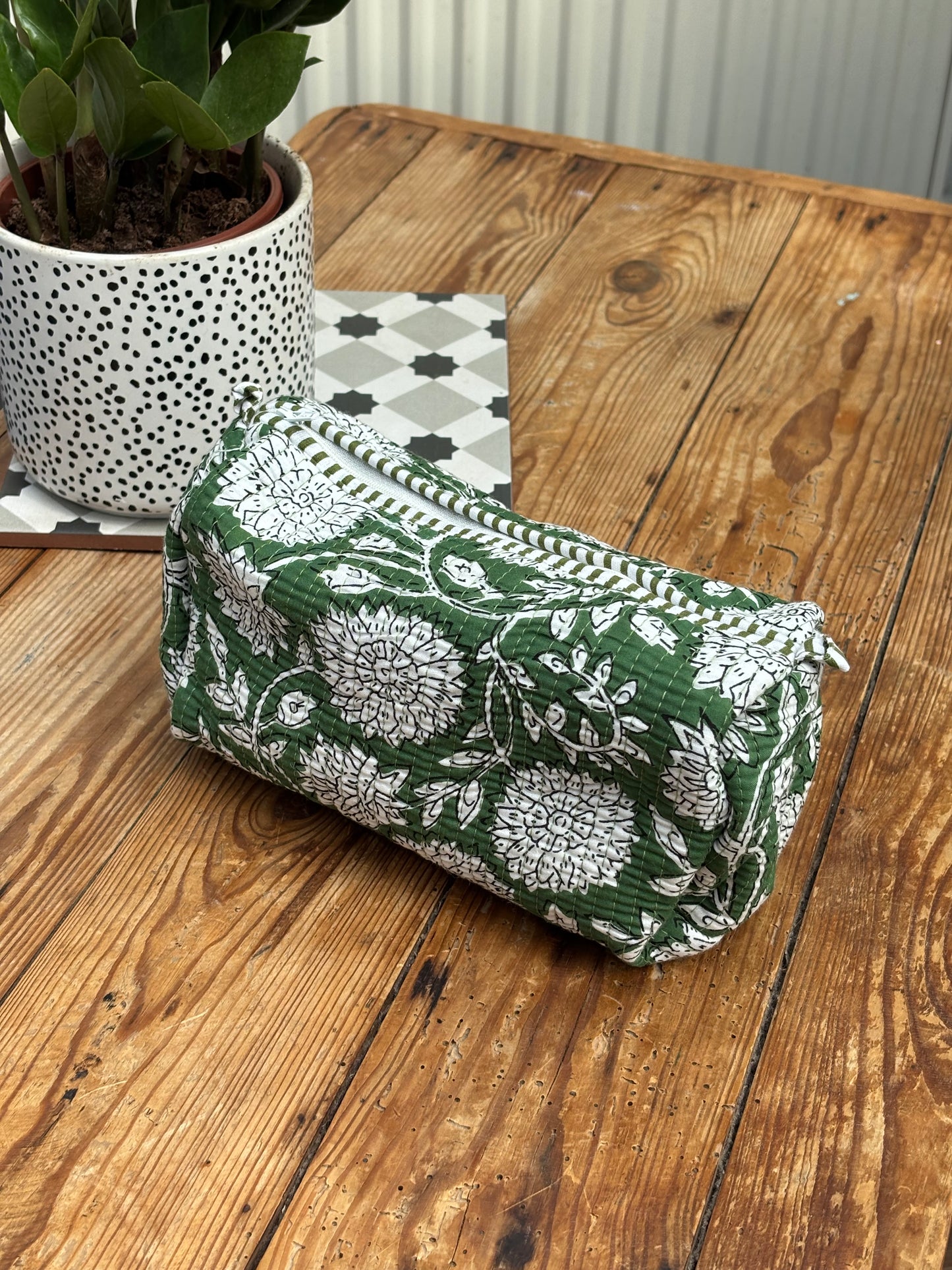 Indian cotton washbag - green with white flowers