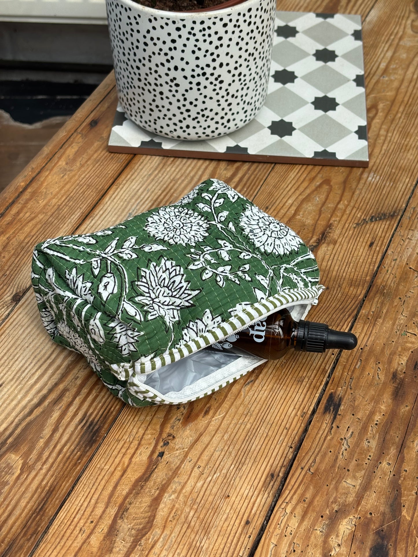 Indian cotton washbag - green with white flowers