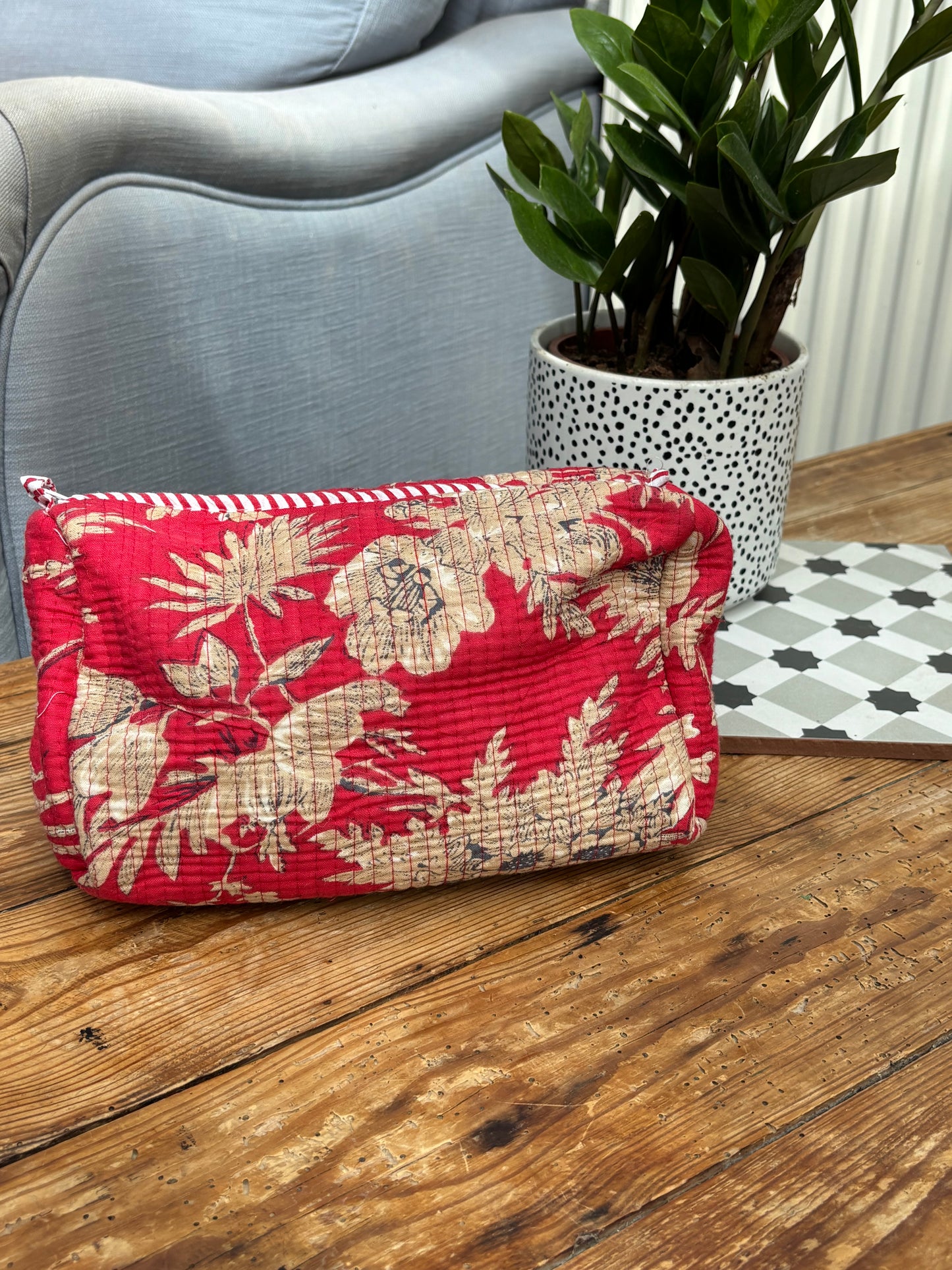 Indian cotton washbag - bright red with beige flowers