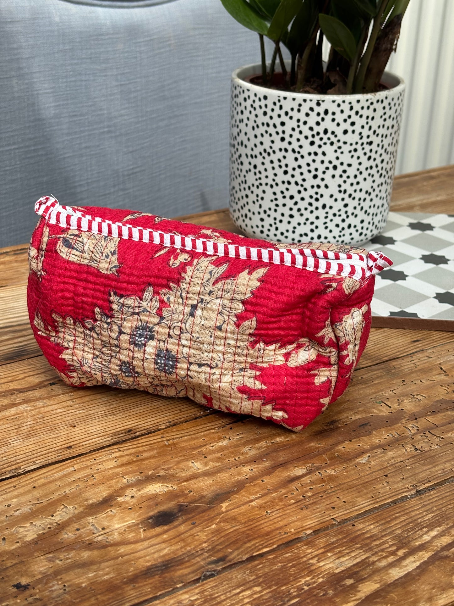 Indian cotton washbag - bright red with beige flowers