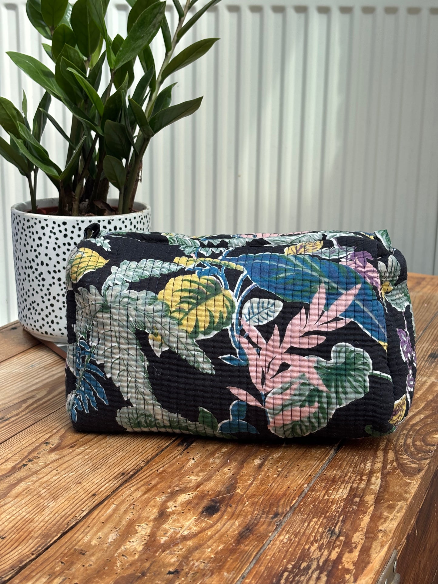 Indian cotton washbag - black botanical