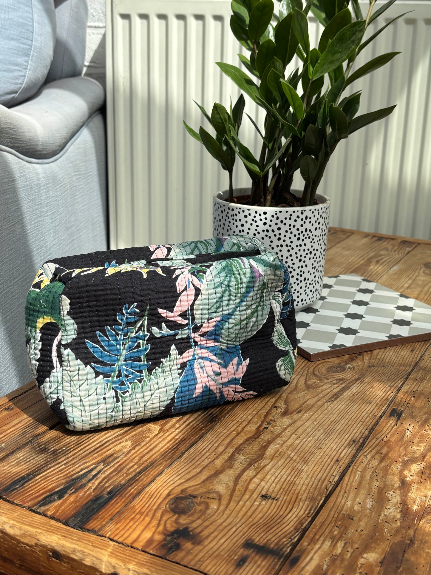 Indian cotton washbag - black botanical