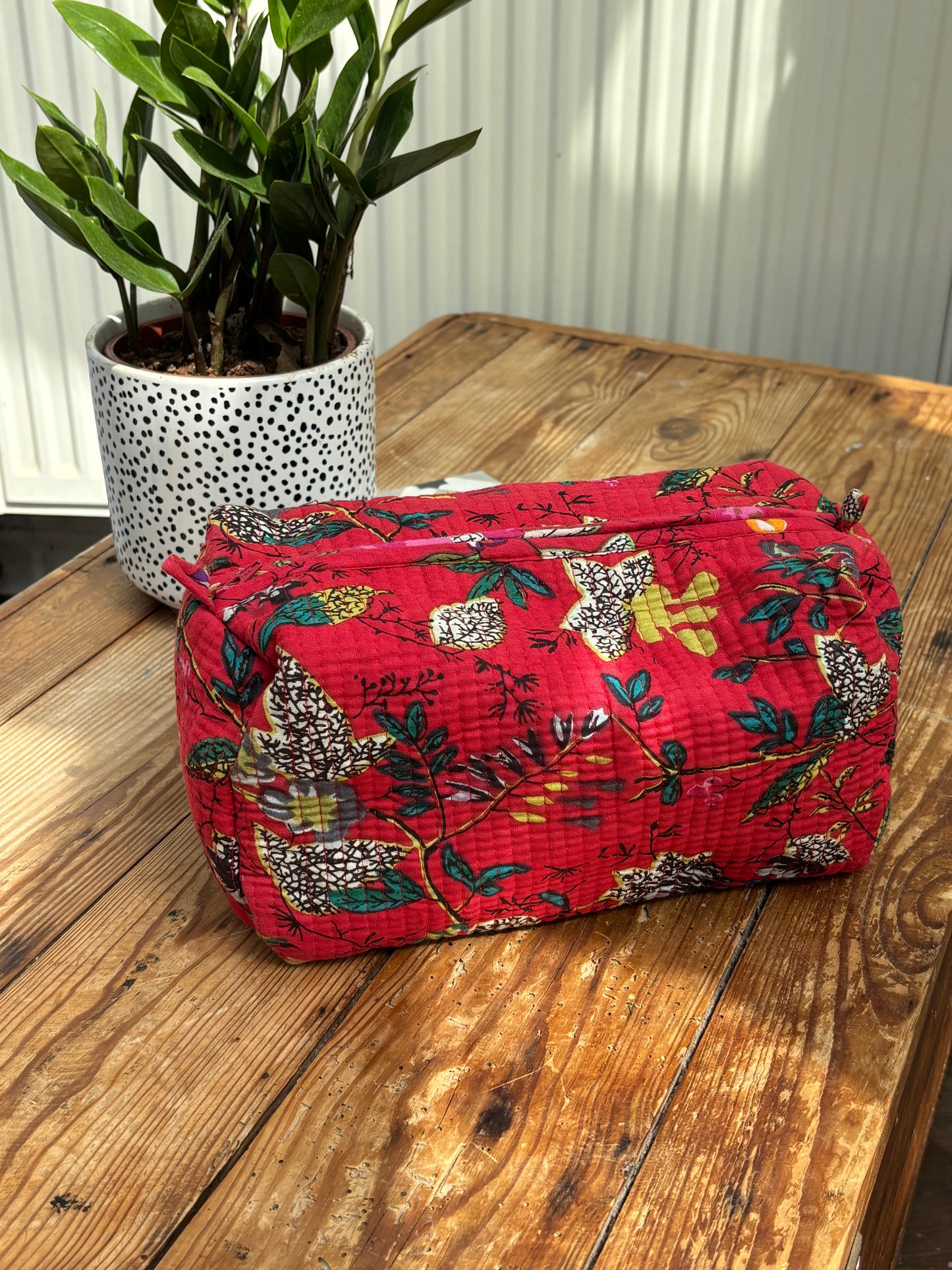 Indian cotton washbag - bright red with multi flowers
