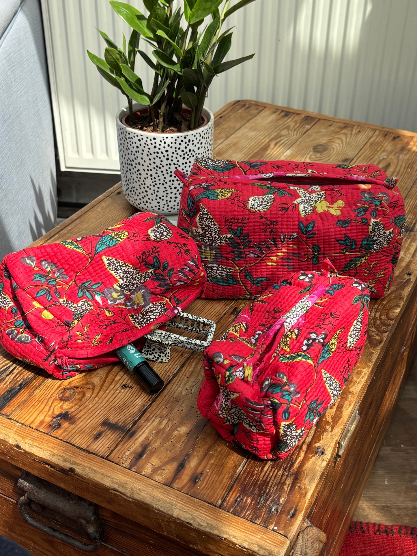Indian cotton washbag - bright red with multi flowers