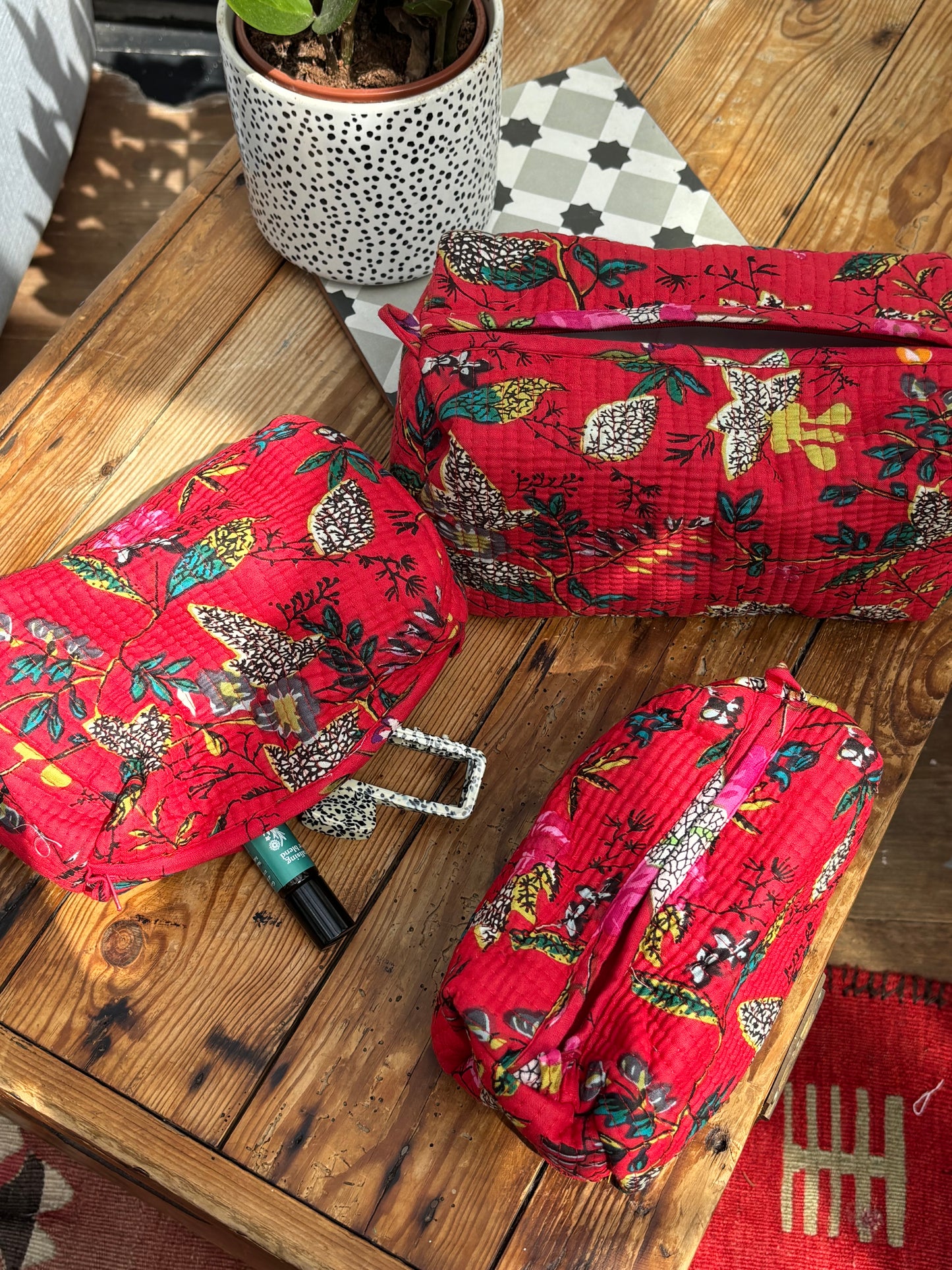 Indian cotton washbag - bright red with multi flowers