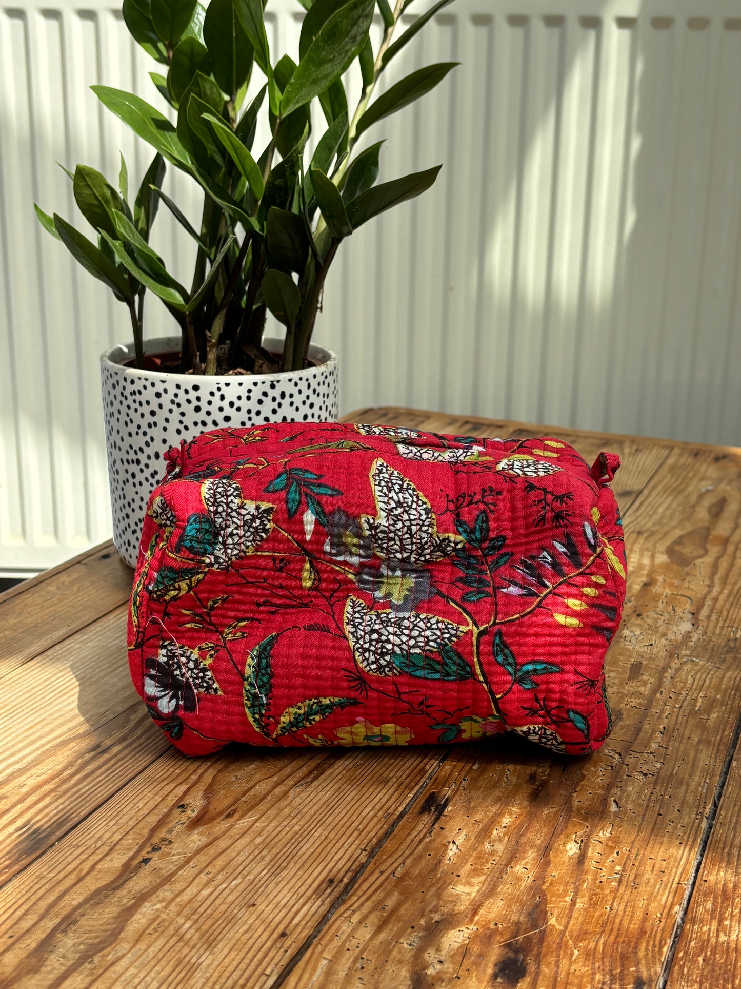 Indian cotton washbag - bright red with multi flowers