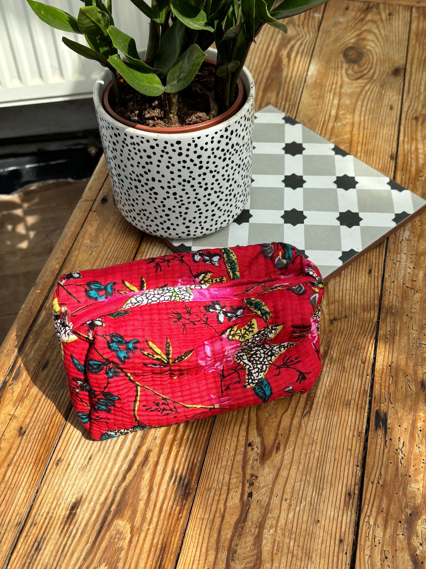 Indian cotton washbag - bright red with multi flowers