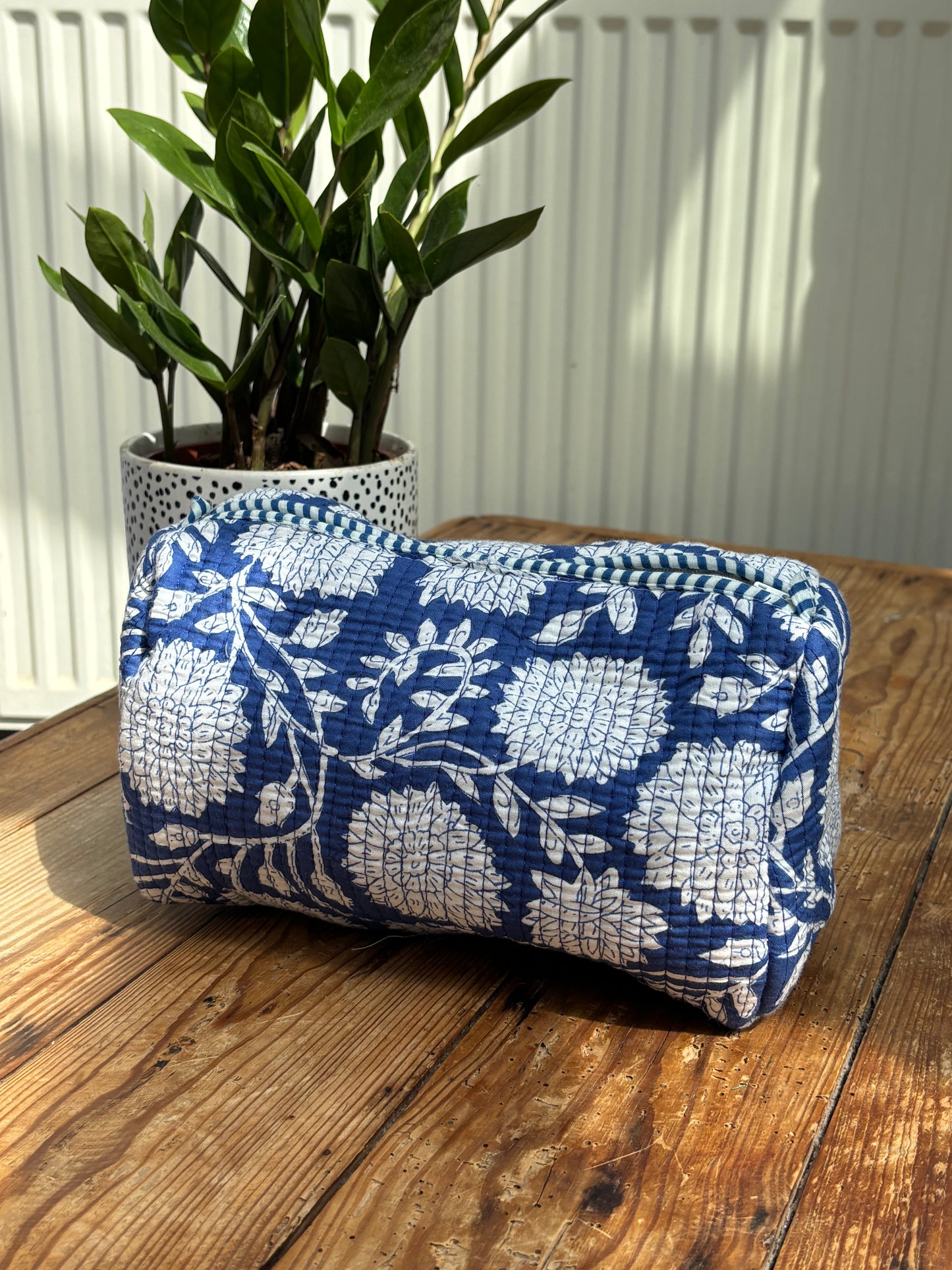 Indian cotton washbag - blue with white flowers