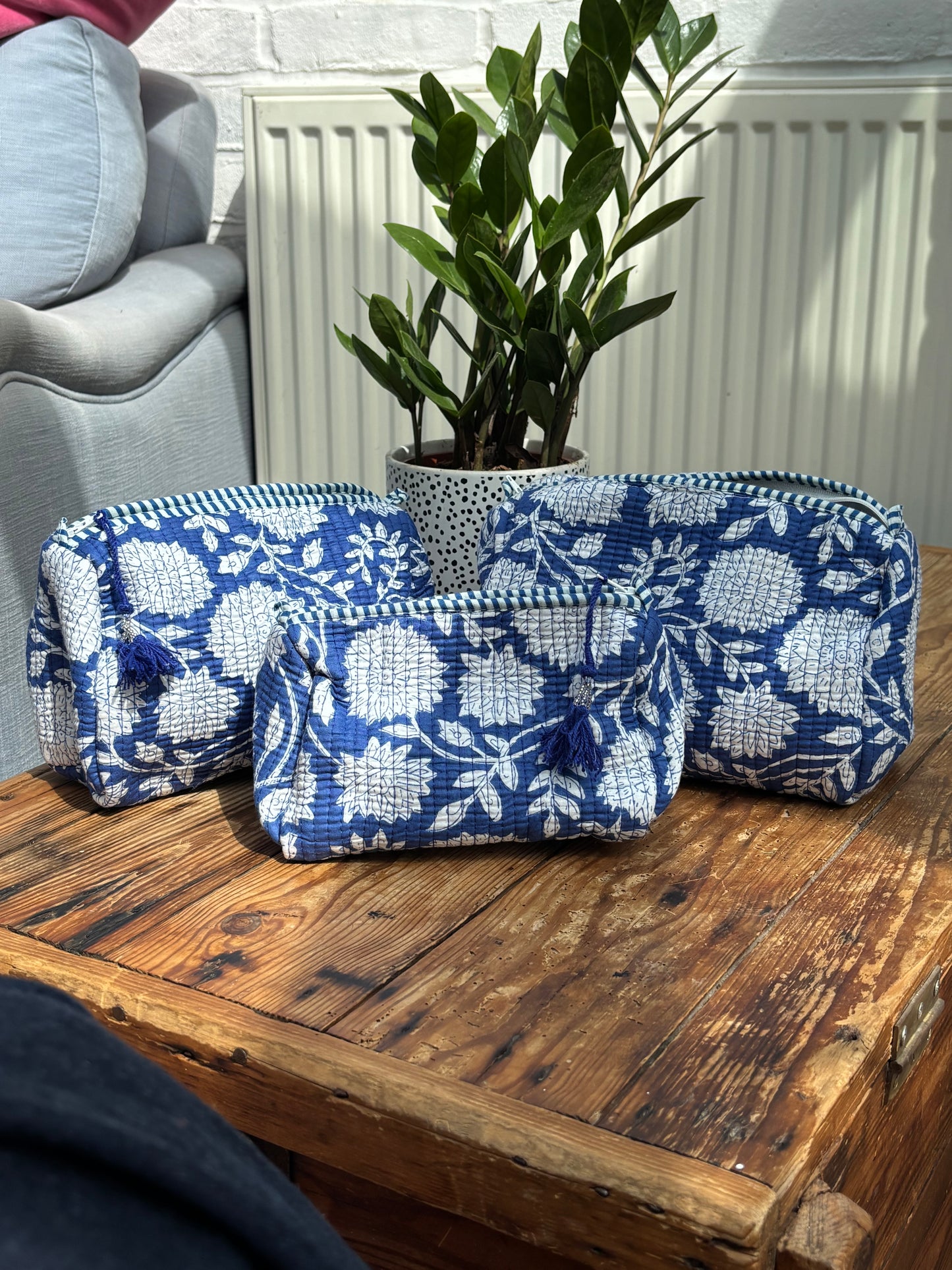 Indian cotton washbag - blue with white flowers
