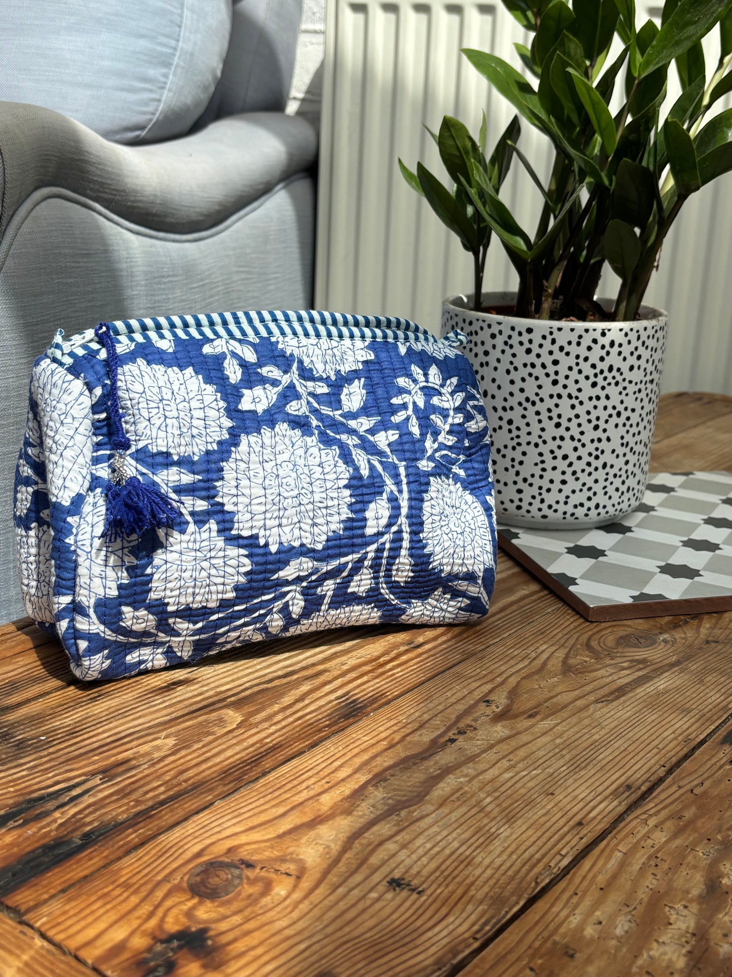 Indian cotton washbag - blue with white flowers