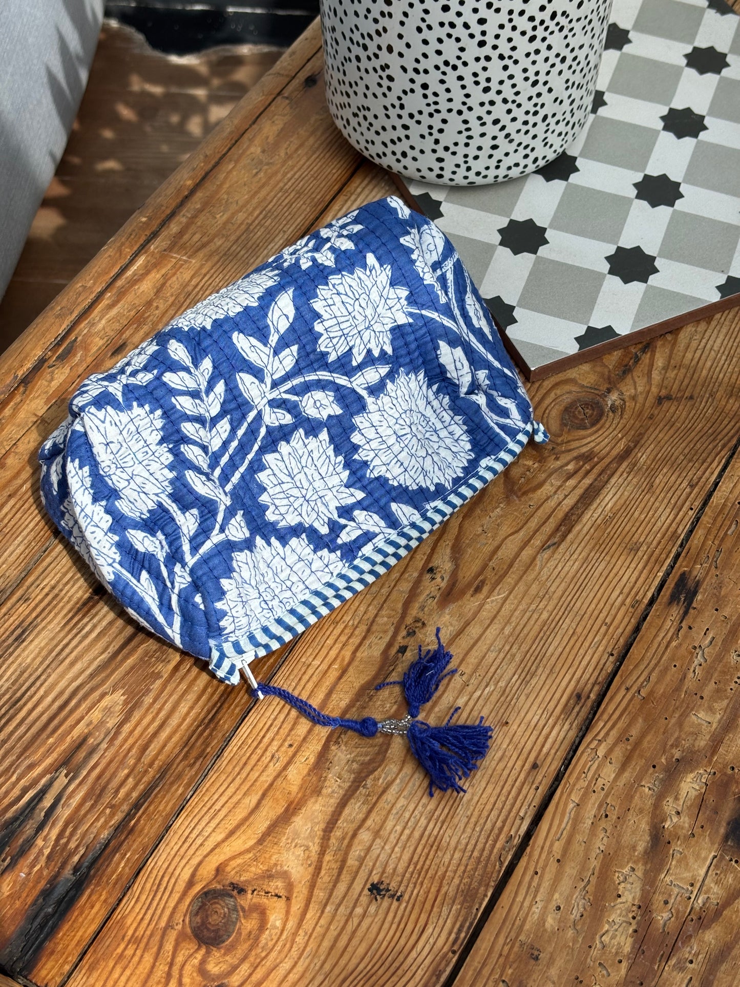 Indian cotton washbag - blue with white flowers