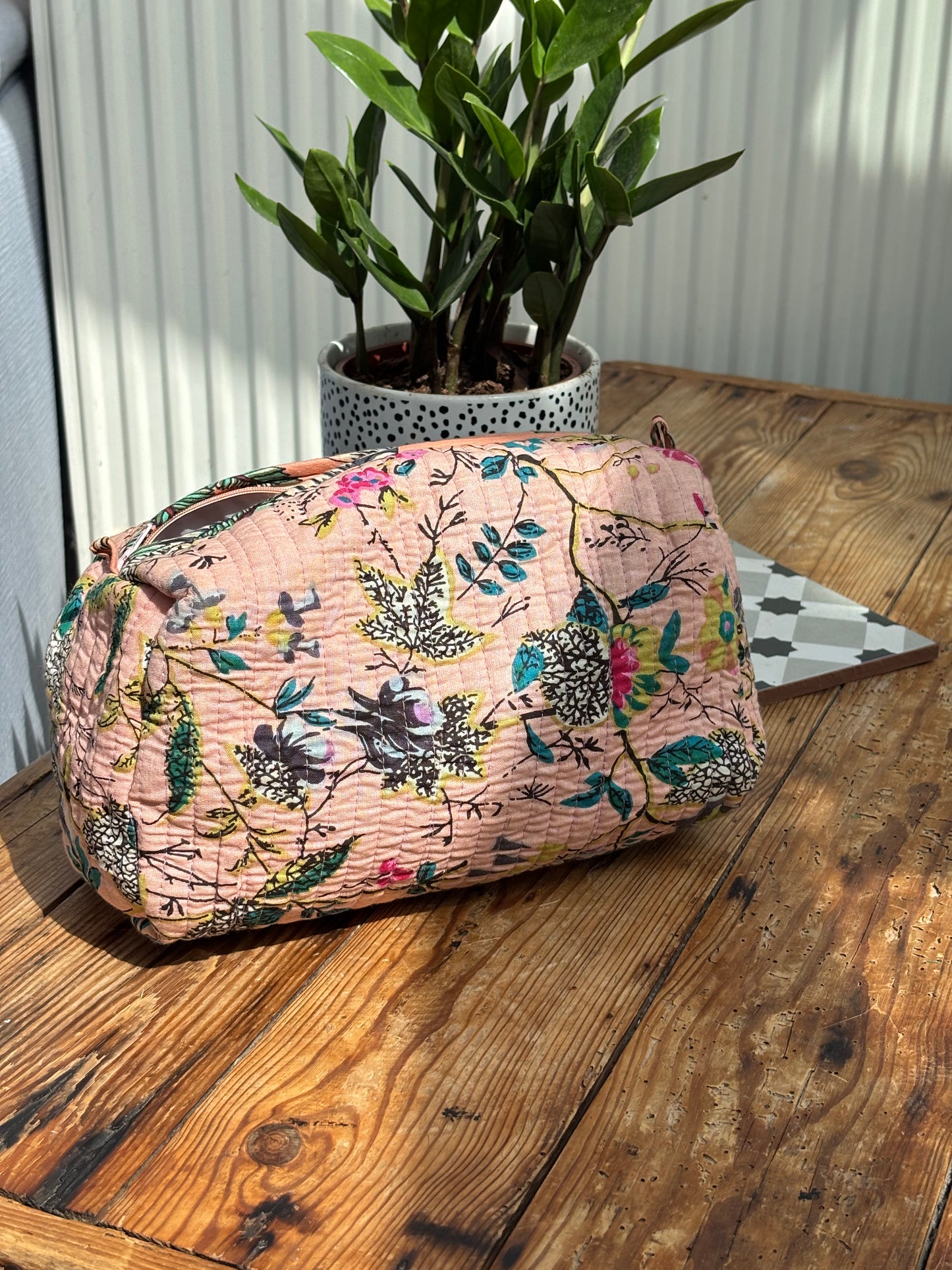 Indian cotton washbag - peach botanical