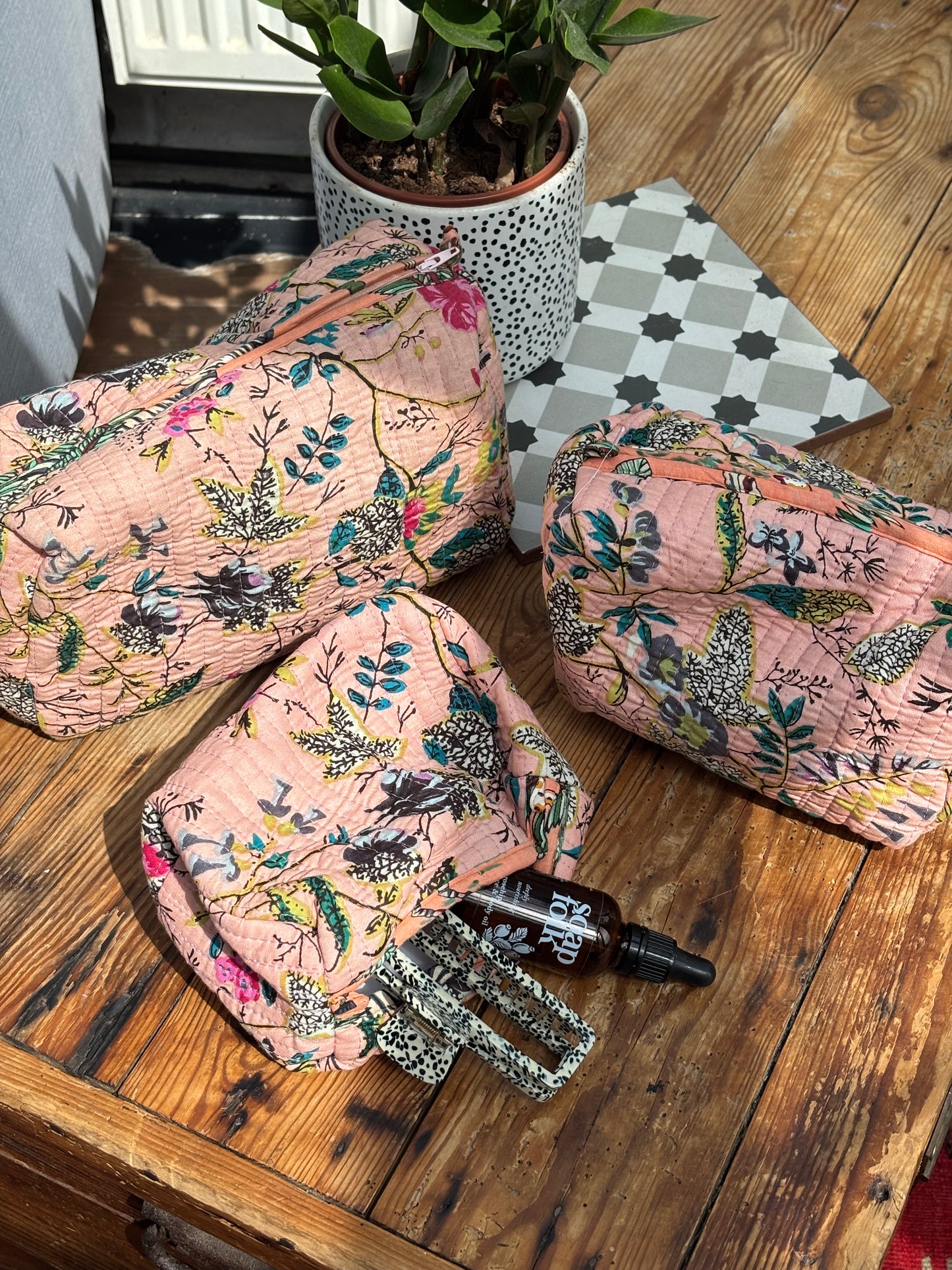 Indian cotton washbag - peach botanical