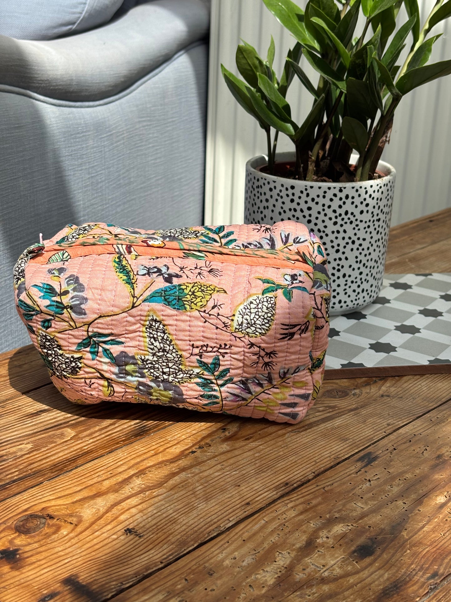 Indian cotton washbag - peach botanical