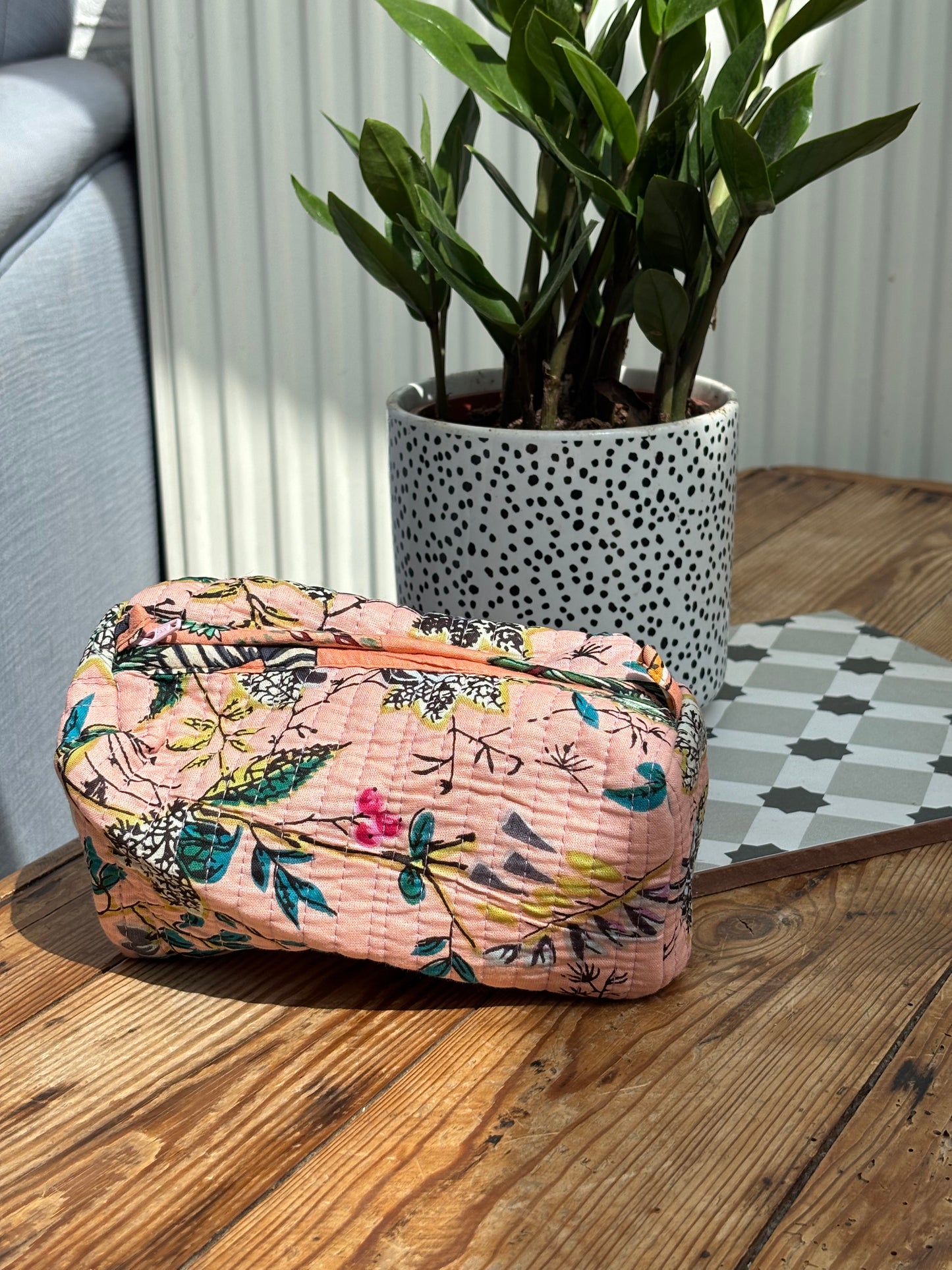 Indian cotton washbag - peach botanical