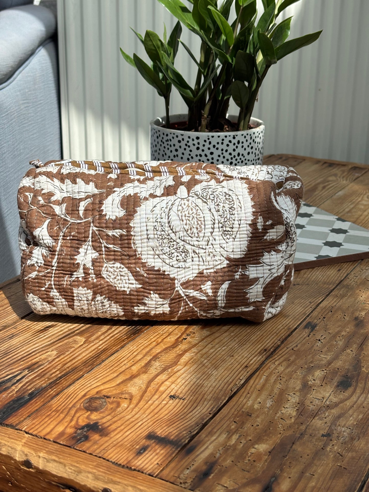 Indian cotton washbags - brown with white flowers