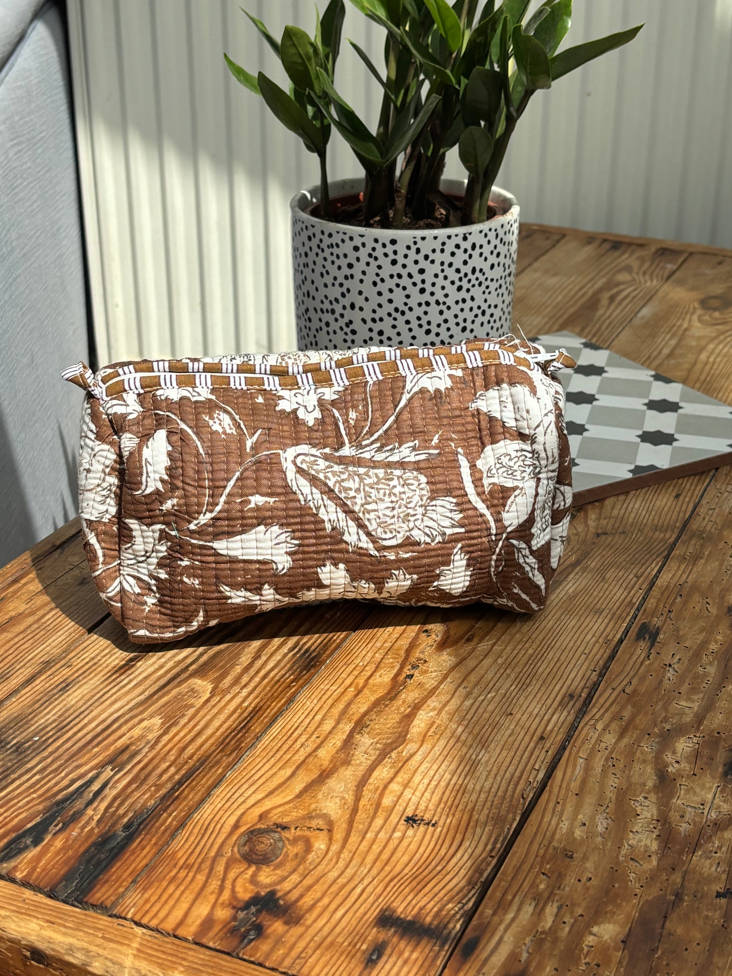 Indian cotton washbags - brown with white flowers
