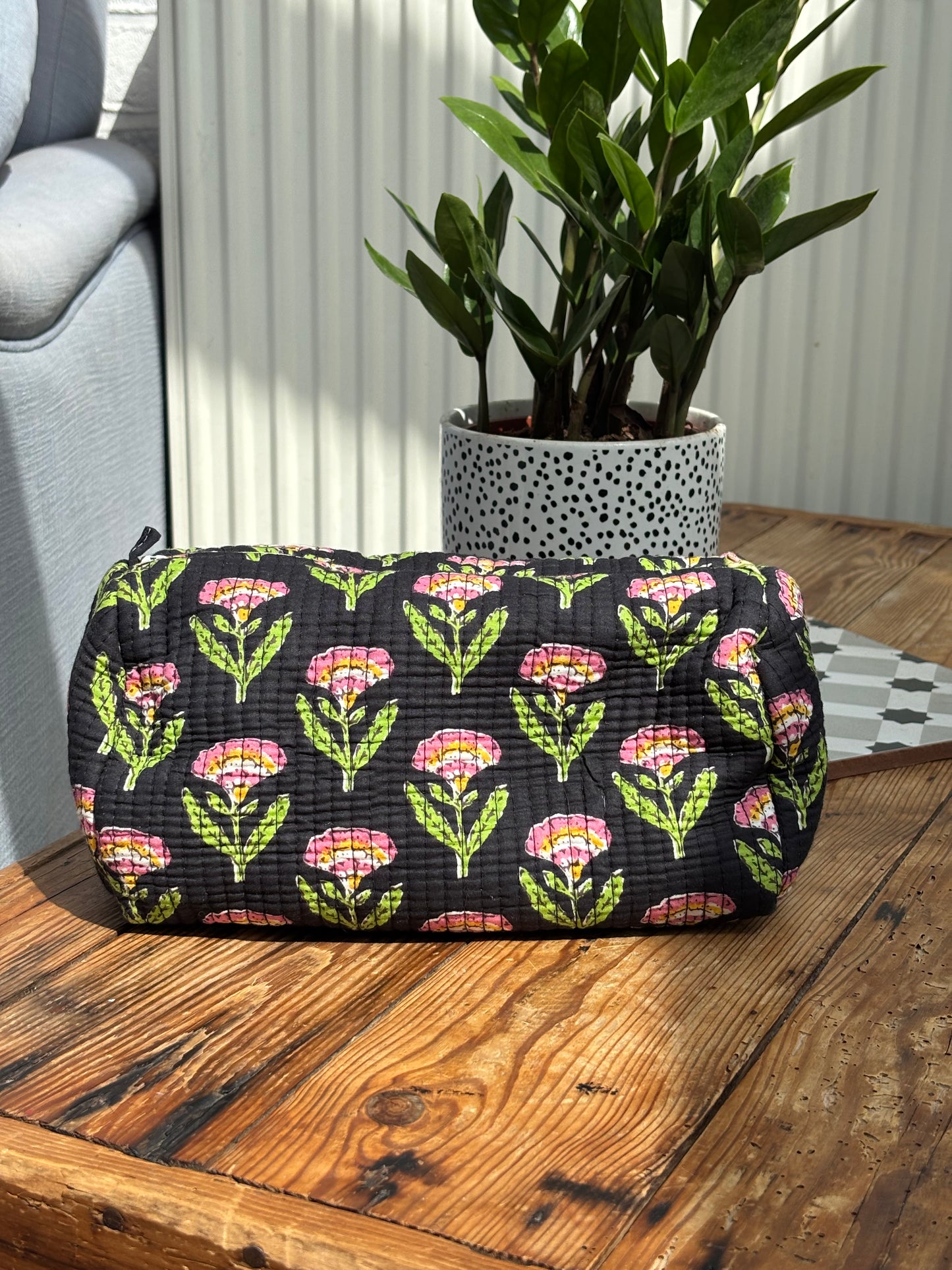 Indian cotton washbags - black with pink flowers