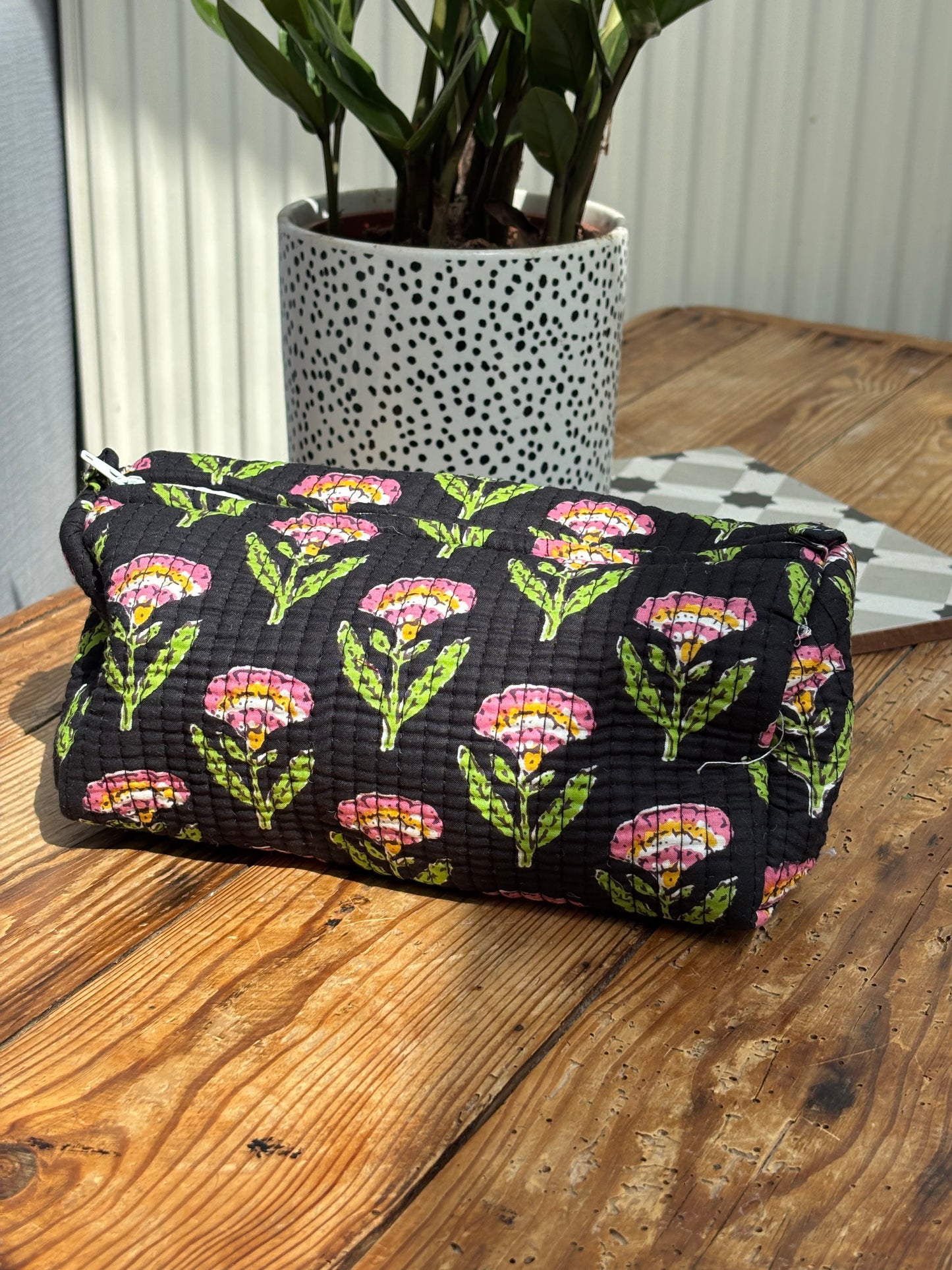 Indian cotton washbags - black with pink flowers
