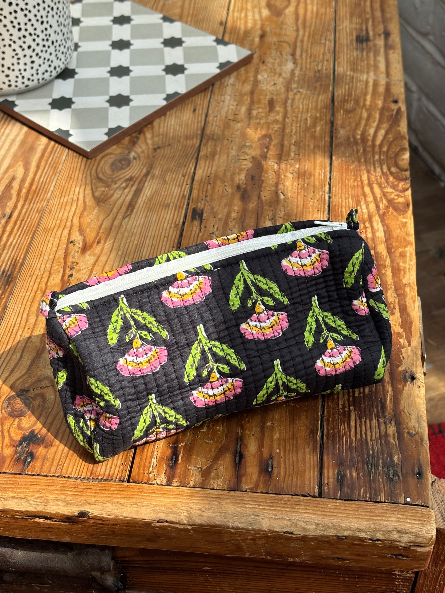 Indian cotton washbags - black with pink flowers