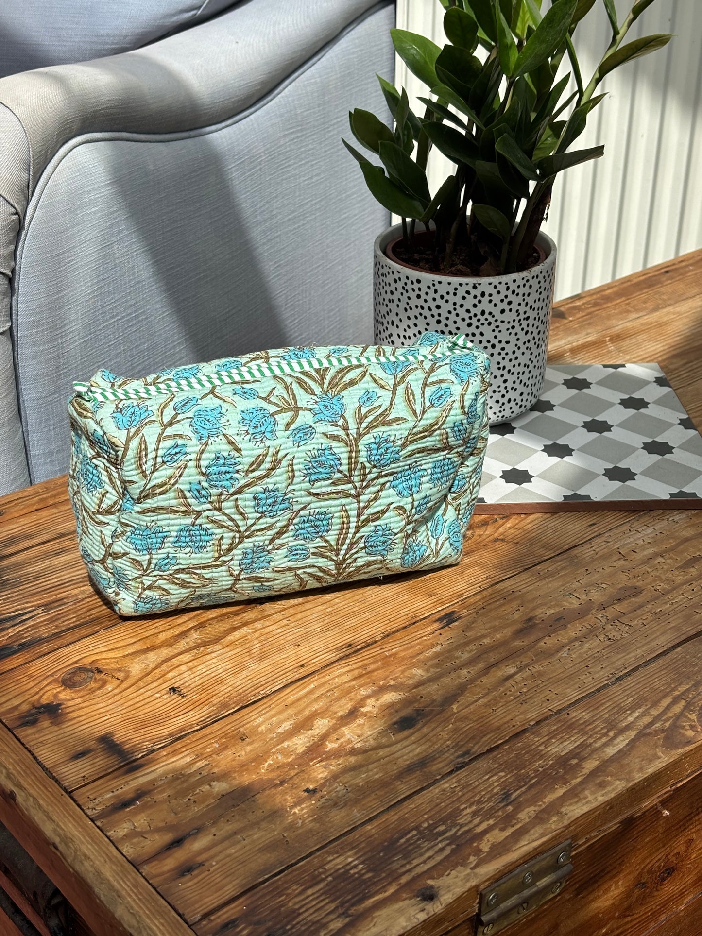 Indian cotton washbag - mint green with blue flowers