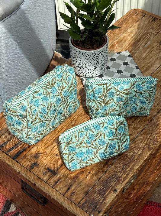 Indian cotton washbag - mint green with blue flowers