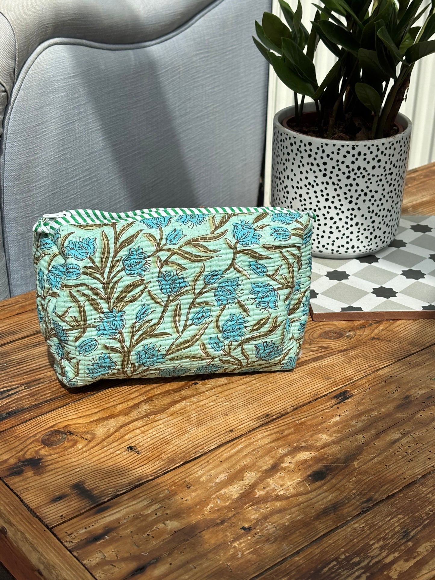 Indian cotton washbag - mint green with blue flowers