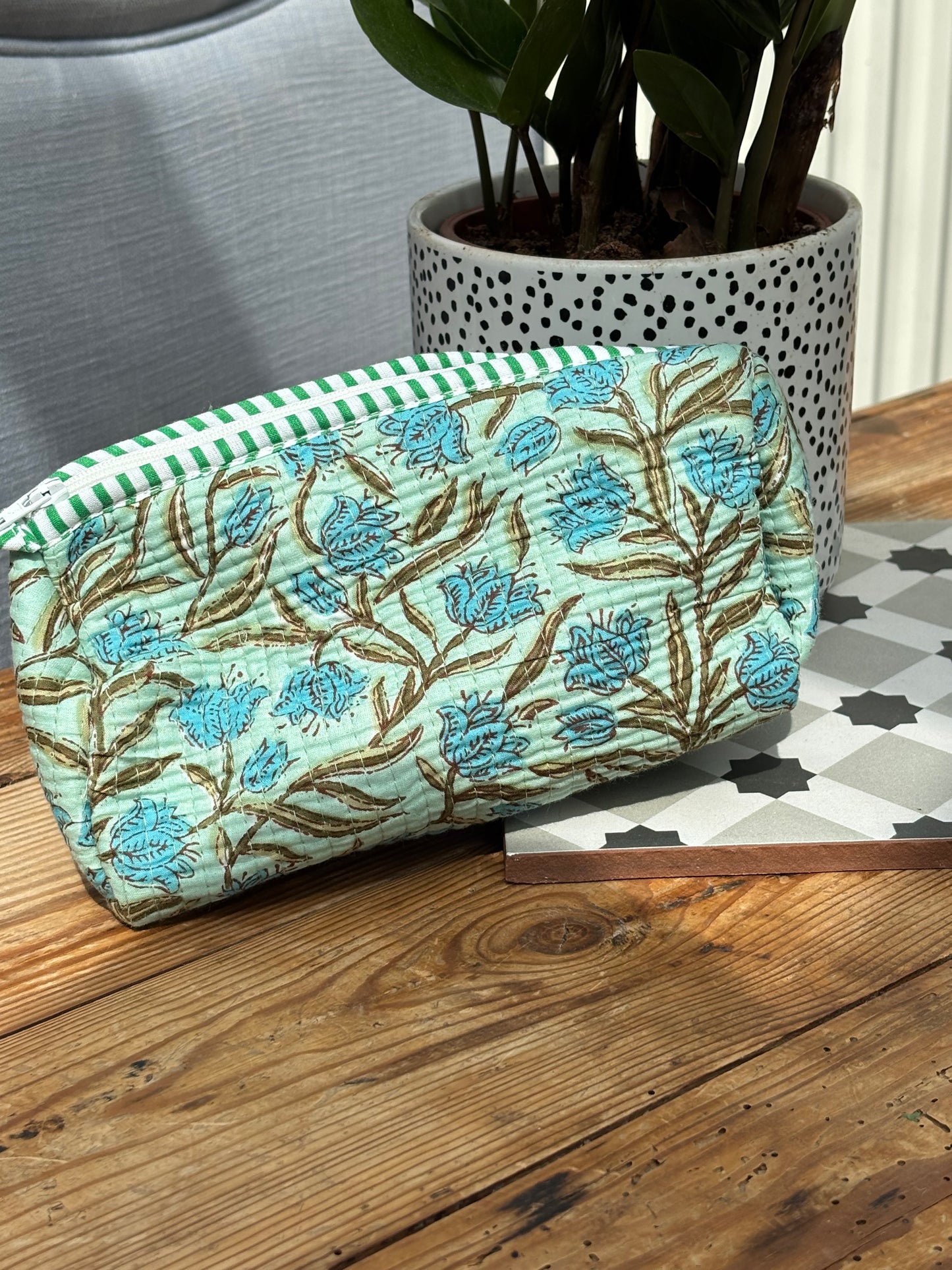 Indian cotton washbag - mint green with blue flowers
