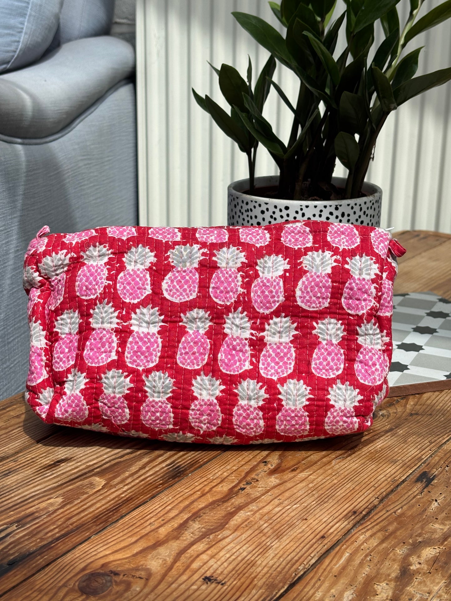 Indian cotton washbag - bright red with pink strawberries