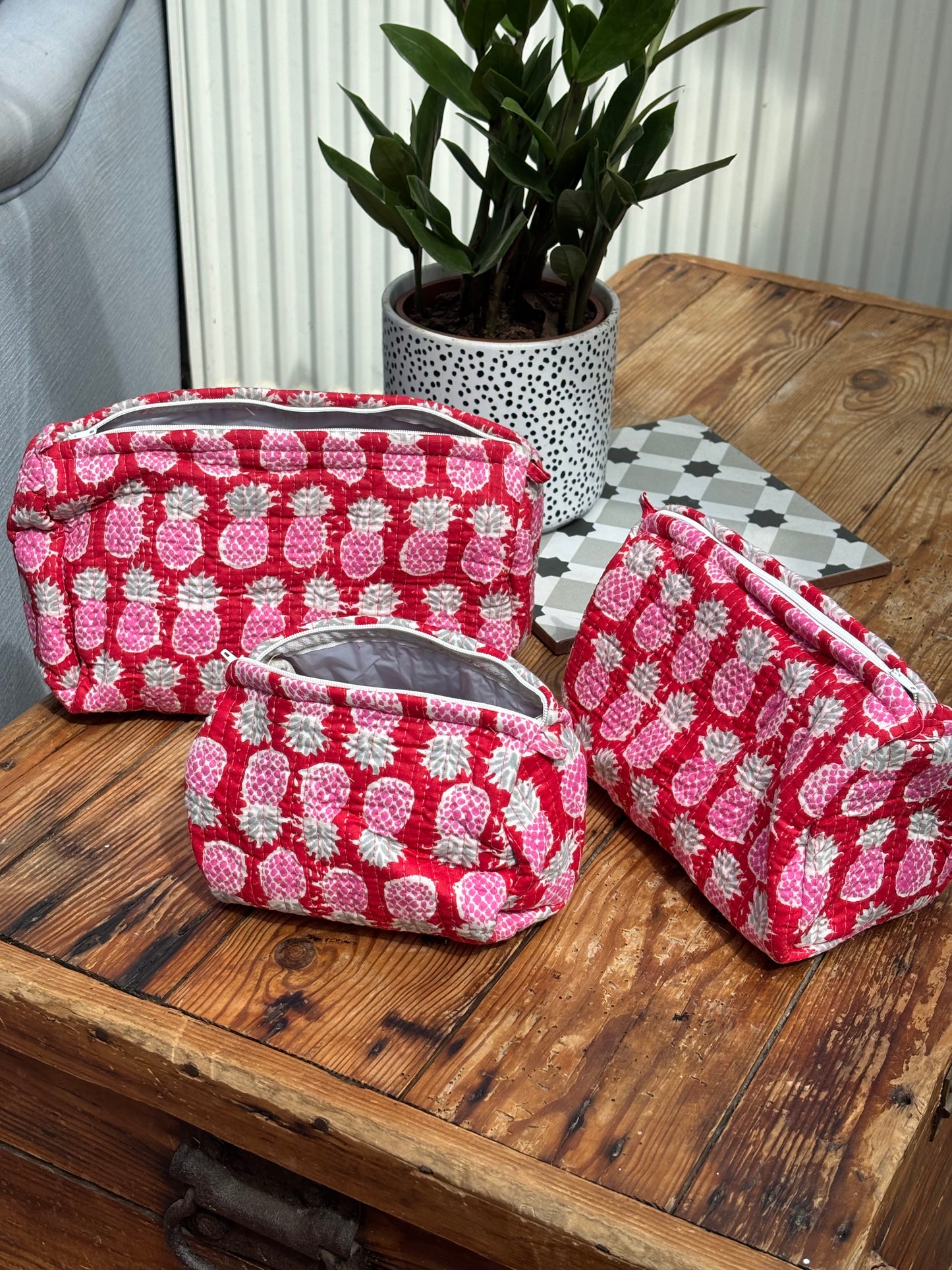 Indian cotton washbag - bright red with pink strawberries