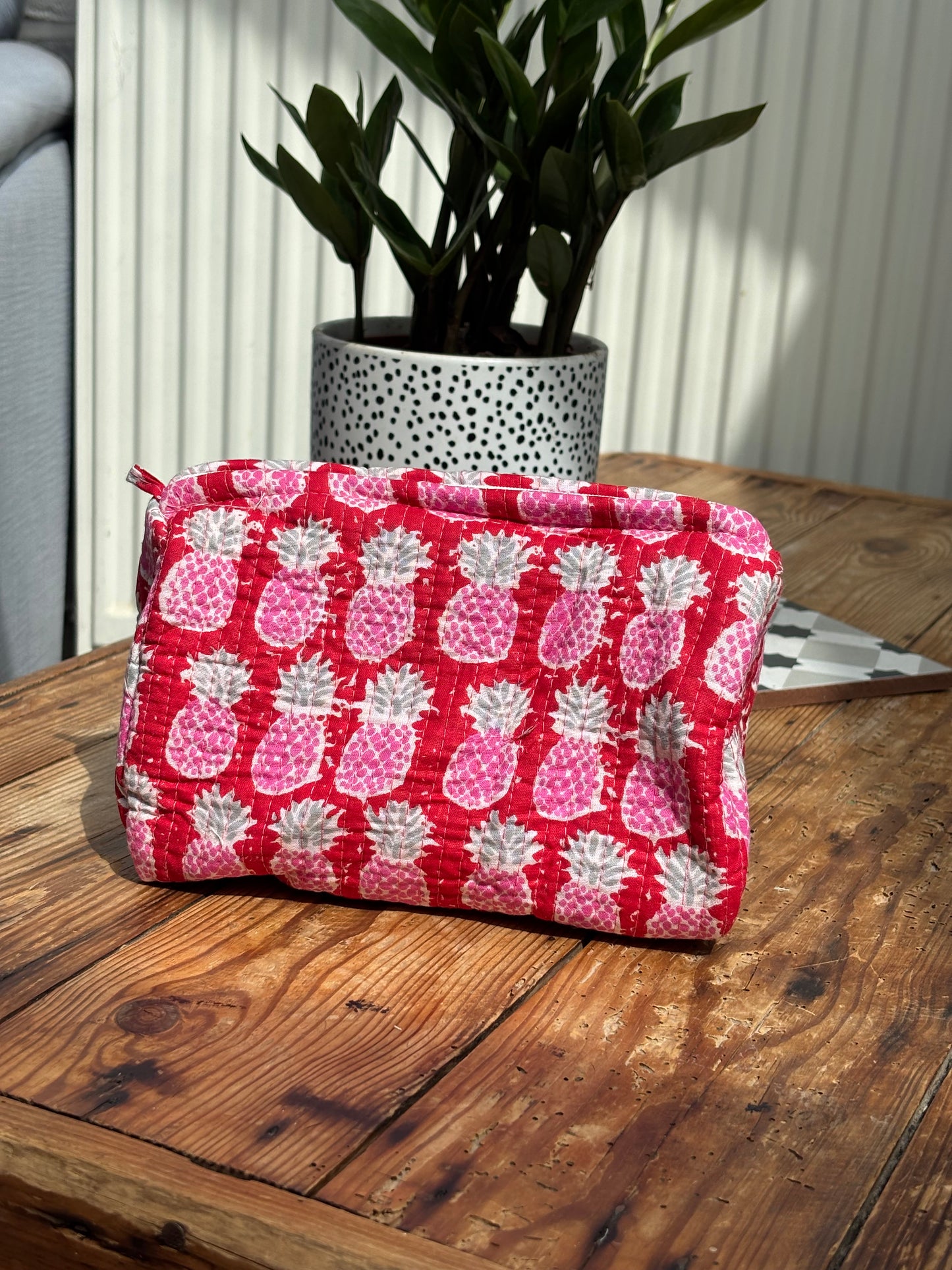 Indian cotton washbag - bright red with pink strawberries