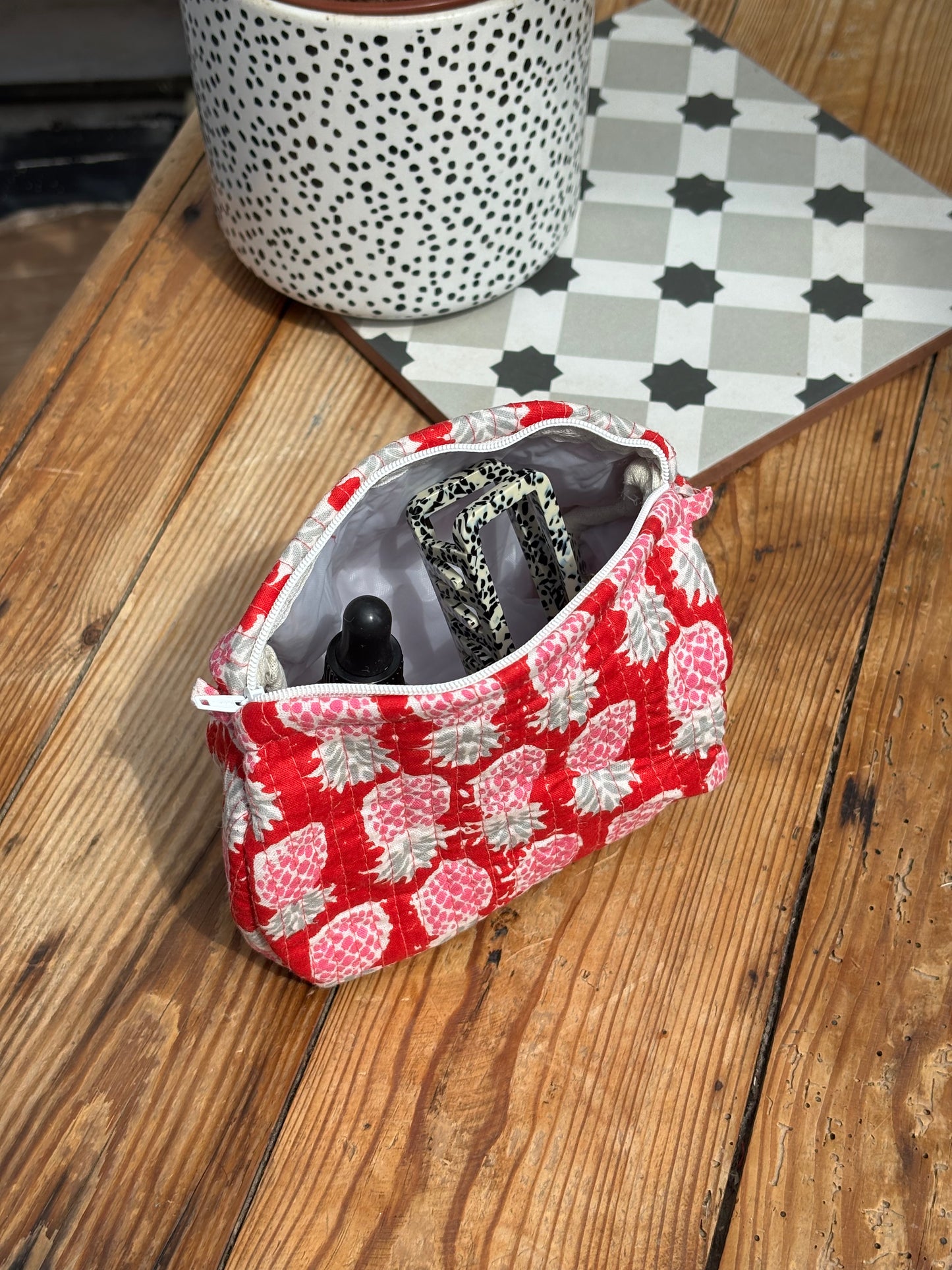 Indian cotton washbag - bright red with pink strawberries