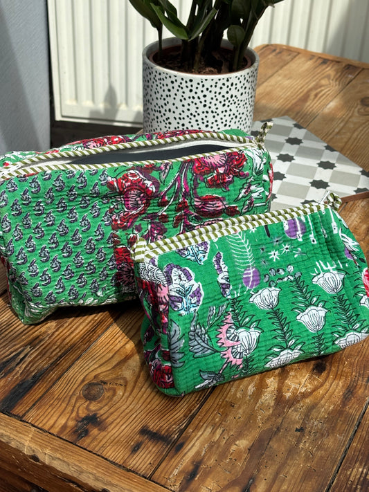 Indian cotton washbag - green botanical multi