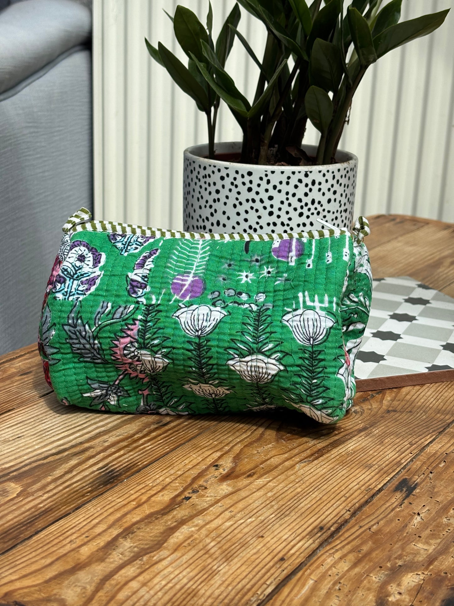 Indian cotton washbag - green botanical multi