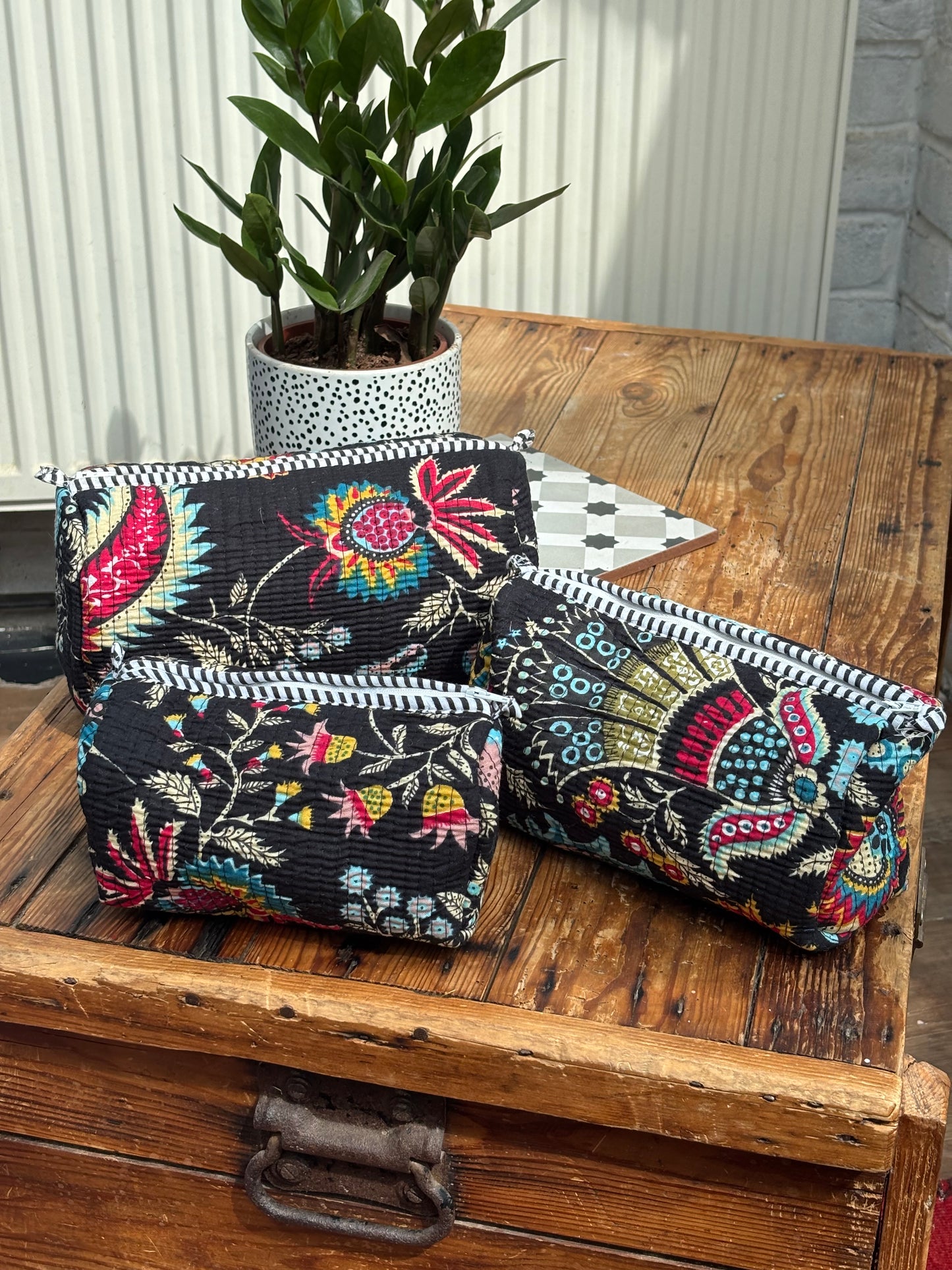 Indian cotton washbag - black botanicals bright