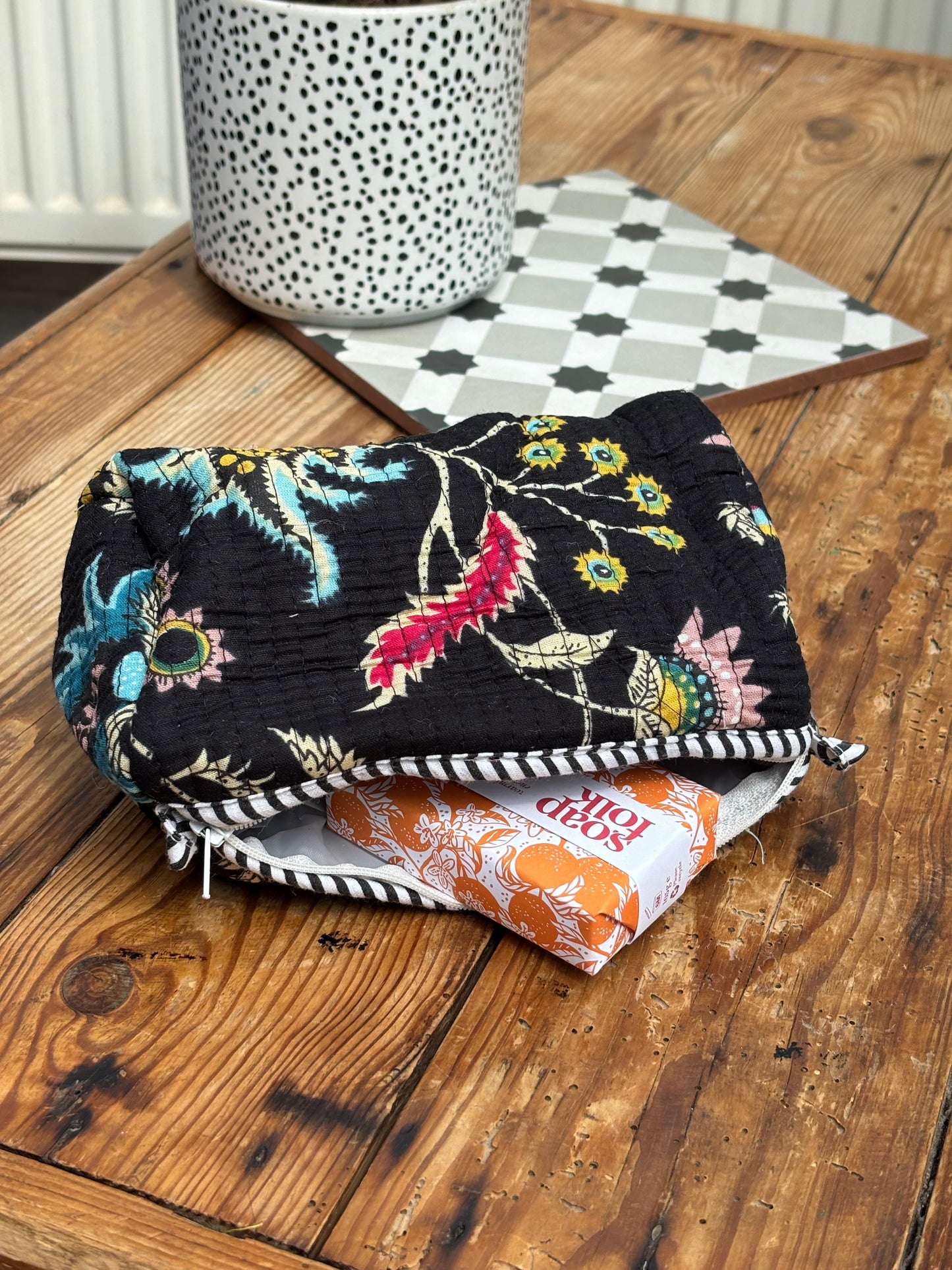 Indian cotton washbag - black botanicals bright