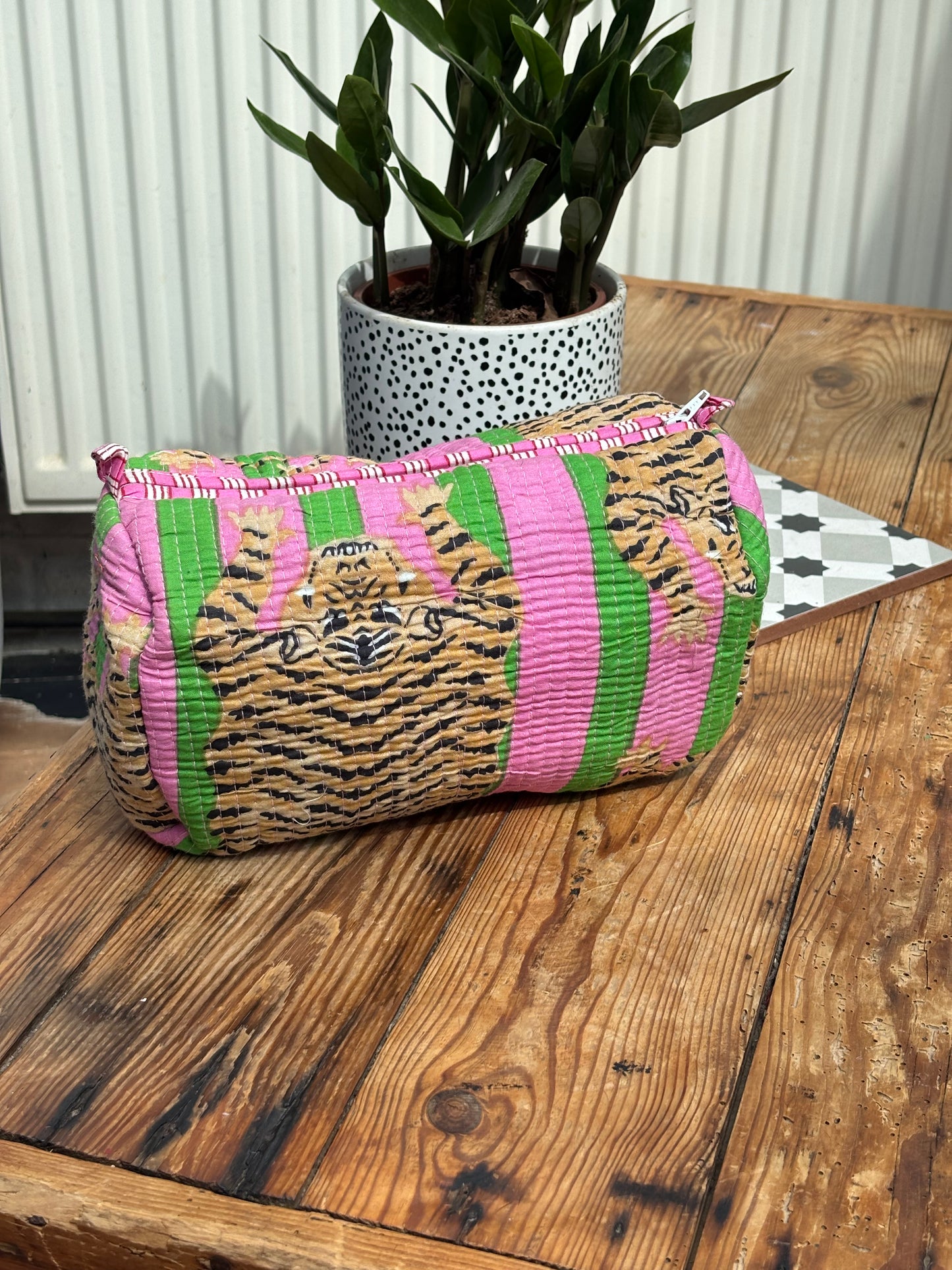 Indian cotton washbag - green and pink stripe with tigers